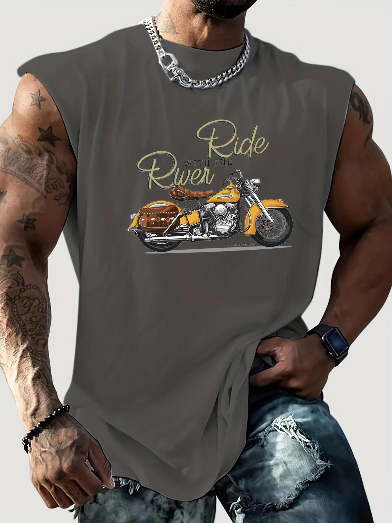 Men's summer casual sports loose retro motorcycle pattern print comfortable and breathable round neck sleeveless vest