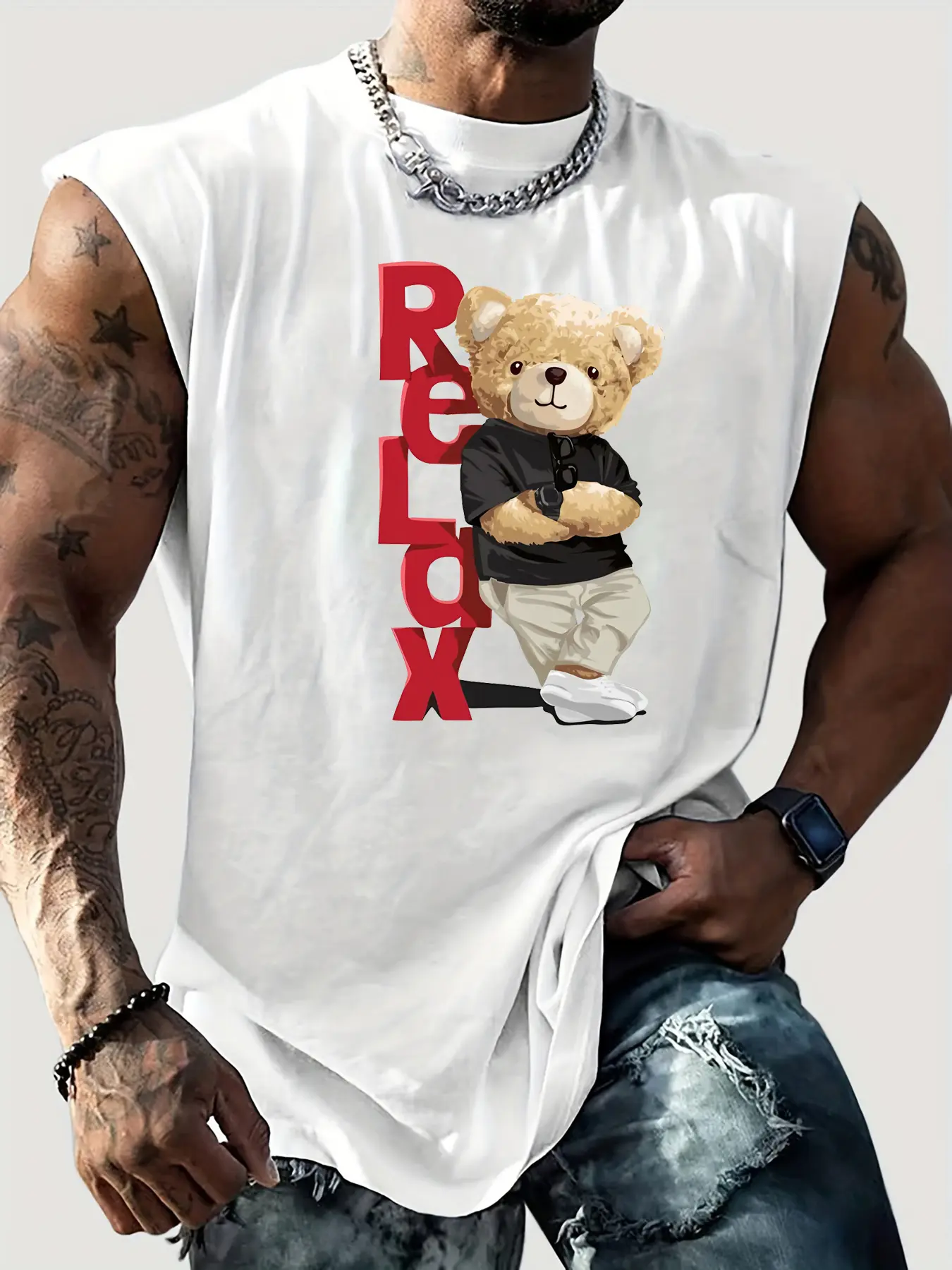 Men's summer casual sports loose RELDX bear print comfortable and breathable round neck sleeveless vest