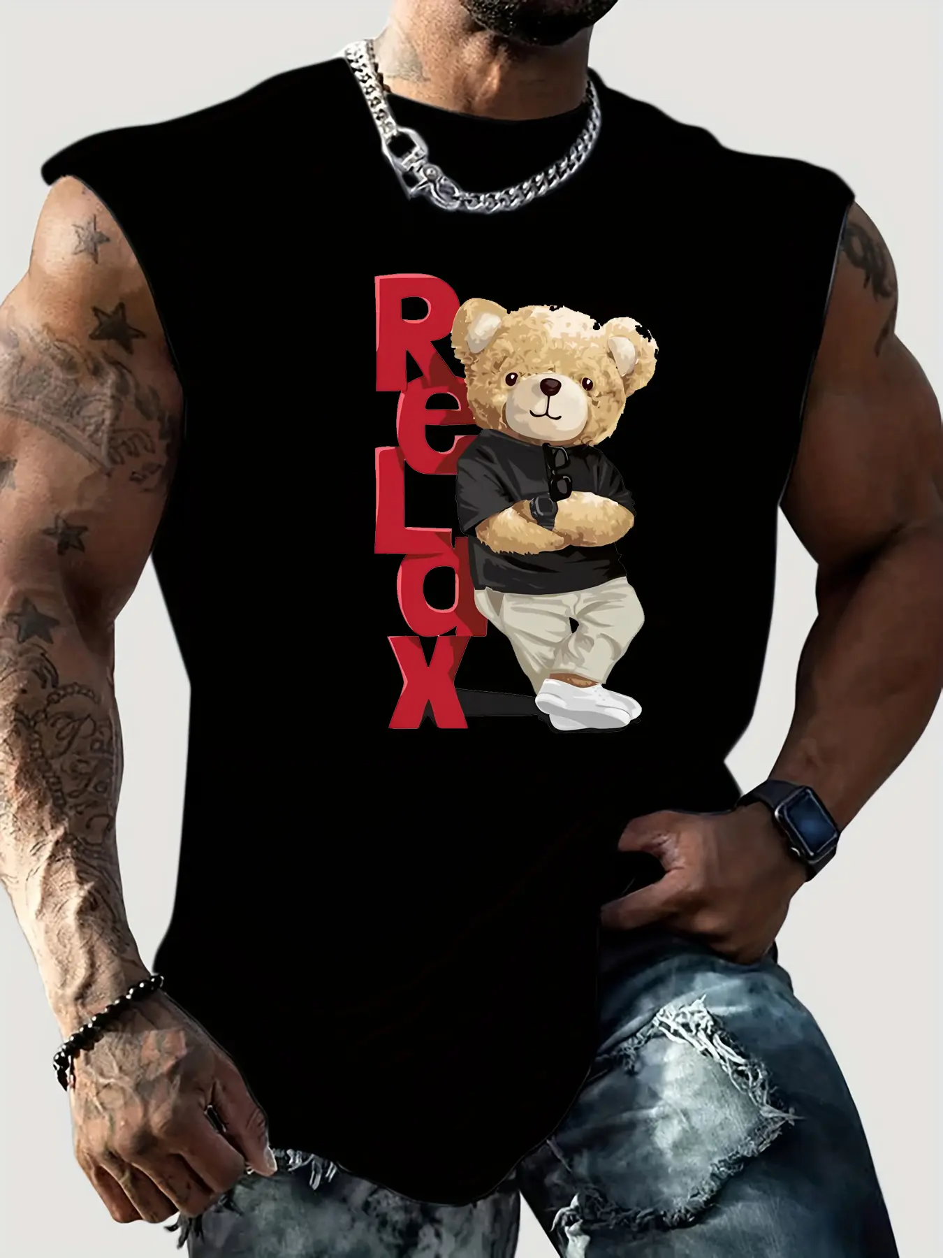 Men's summer casual sports loose RELDX bear print comfortable and breathable round neck sleeveless vest
