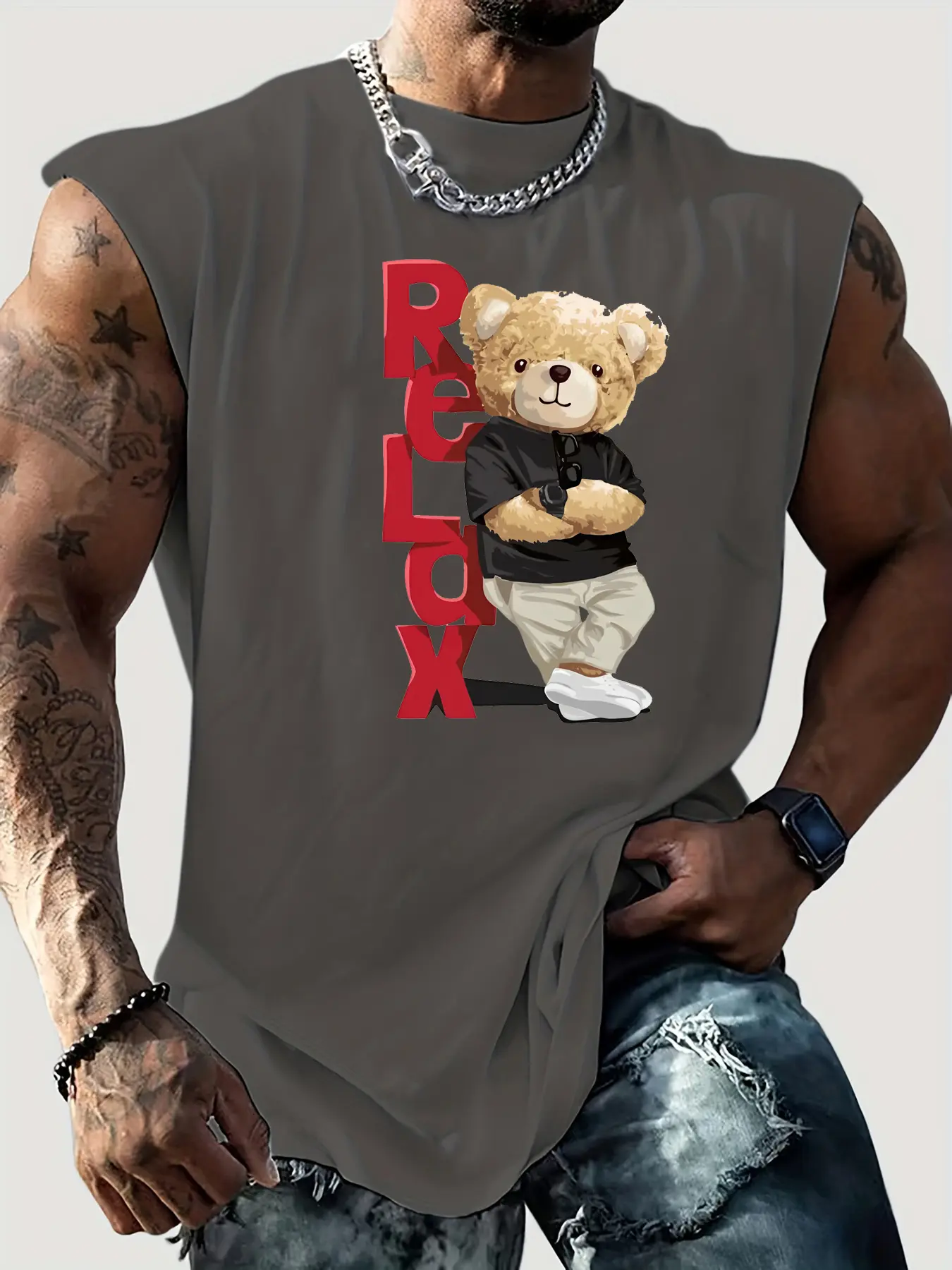 Men's summer casual sports loose RELDX bear print comfortable and breathable round neck sleeveless vest