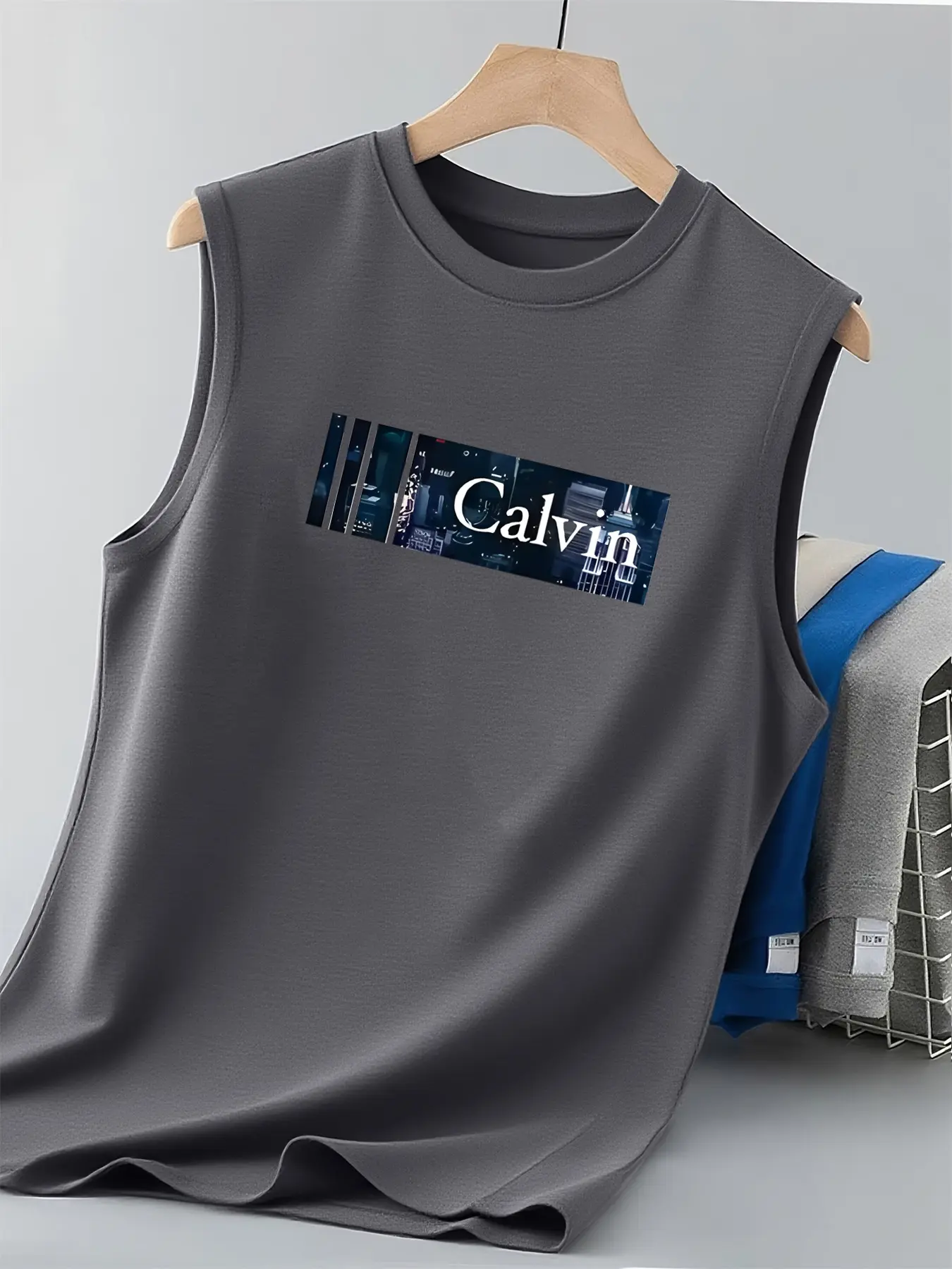 Men's summer casual sports loose CALIVN letter pattern print comfortable and breathable round neck sleeveless vest
