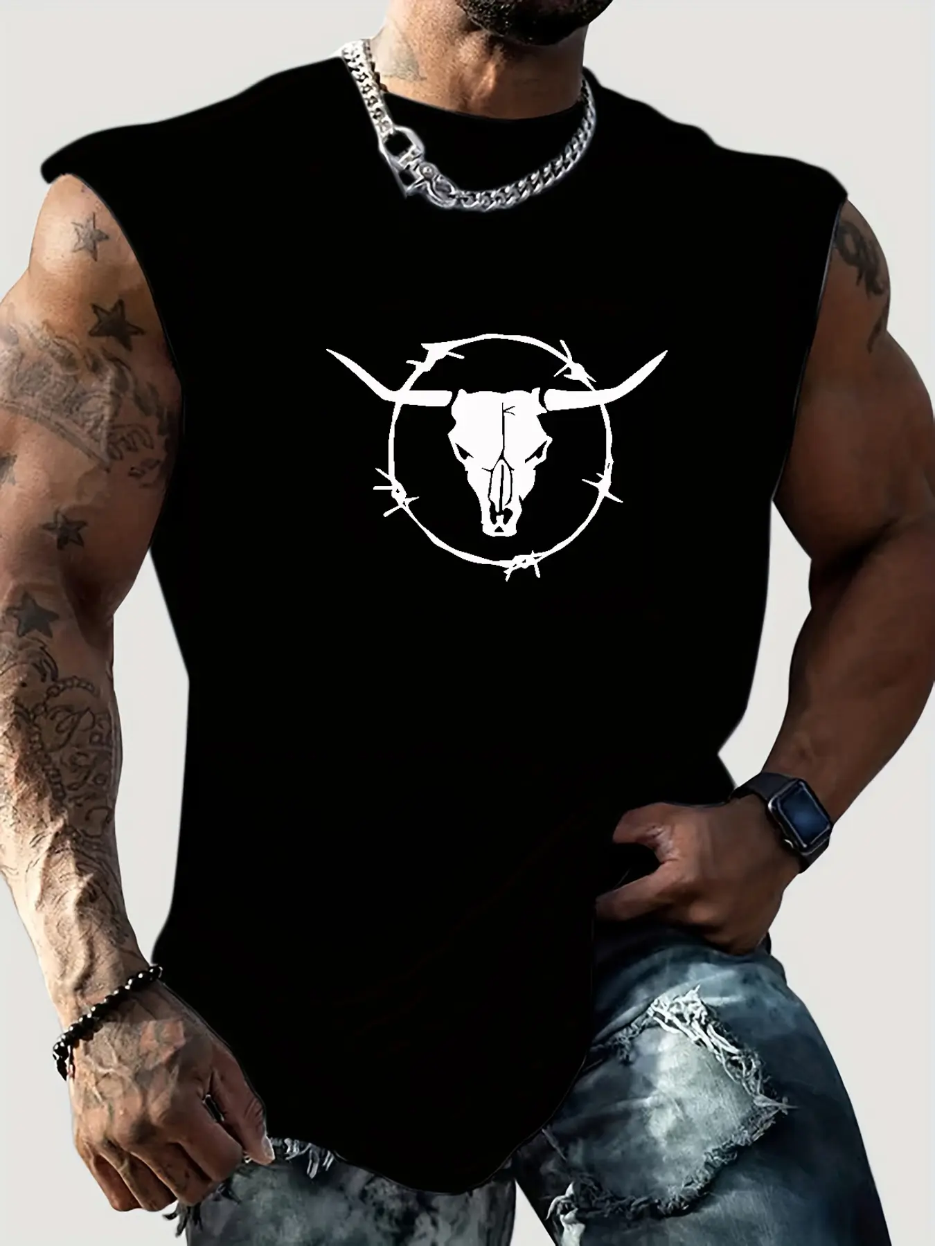 Men's summer casual sports loose skull bull pattern print comfortable and breathable round neck sleeveless vest
