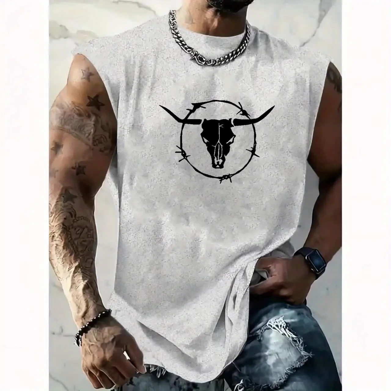 Men's summer casual sports loose skull bull pattern print comfortable and breathable round neck sleeveless vest