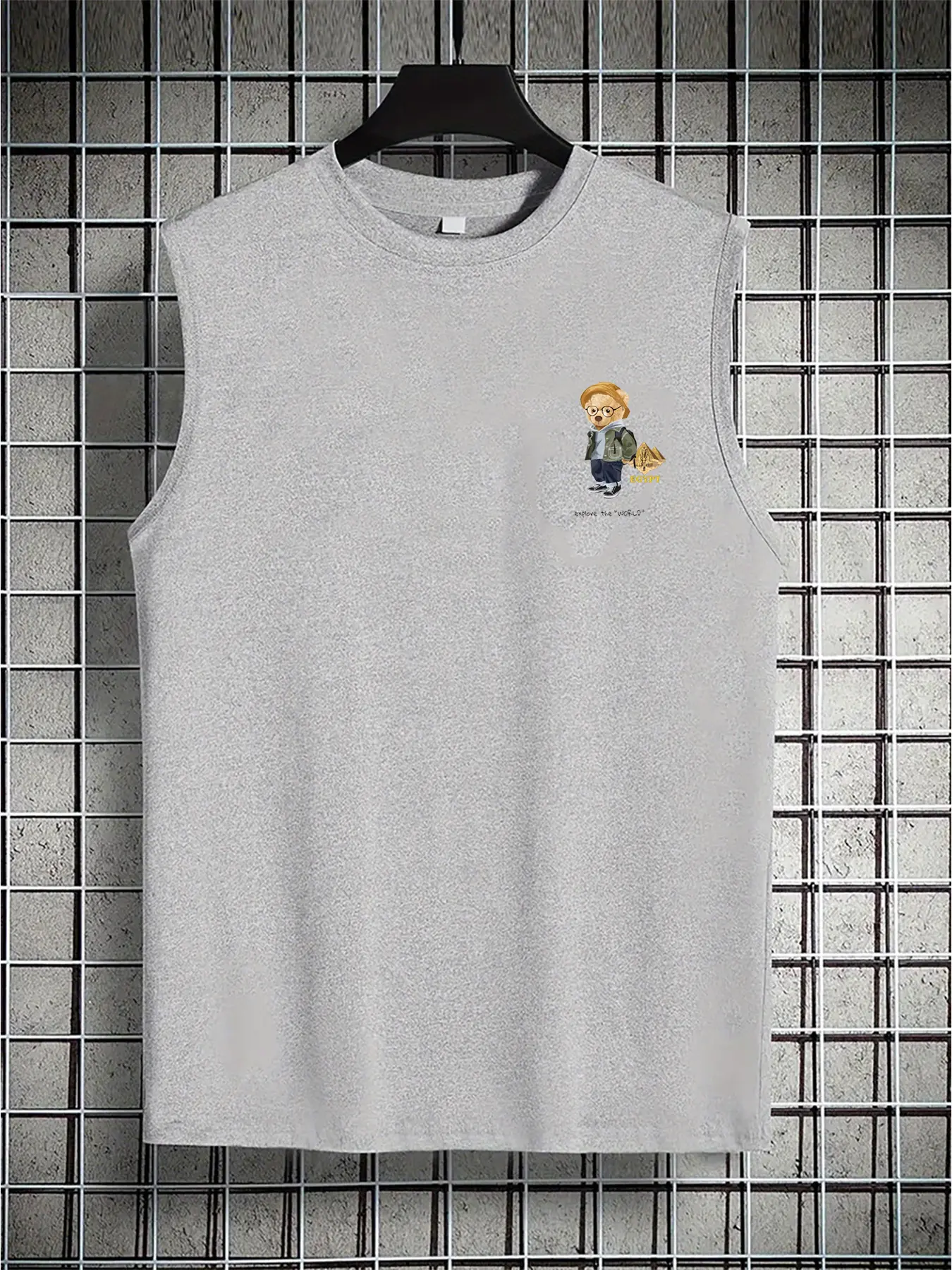 Men's summer casual sports loose cartoon bear print comfortable and breathable round neck sleeveless vest
