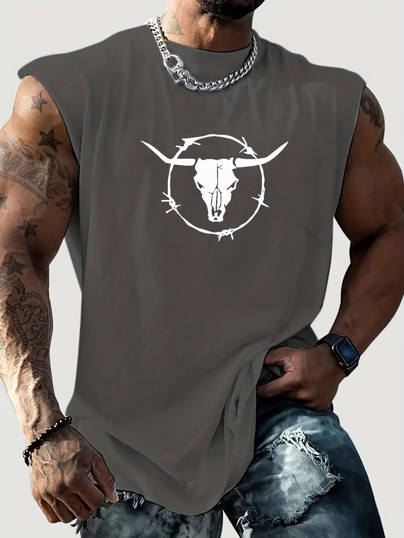 Men's summer casual sports loose skull bull pattern print comfortable and breathable round neck sleeveless vest