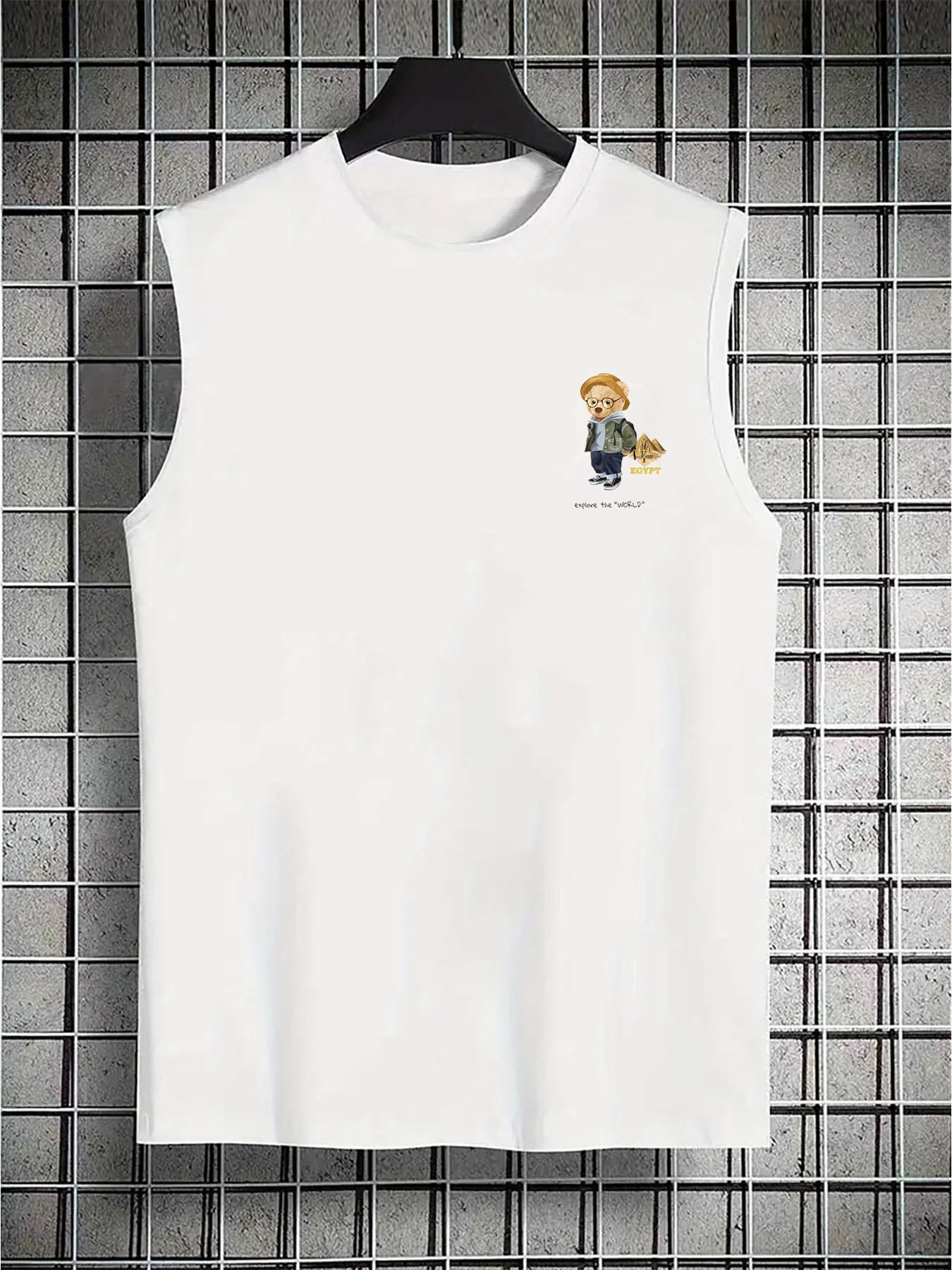 Men's summer casual sports loose cartoon bear print comfortable and breathable round neck sleeveless vest