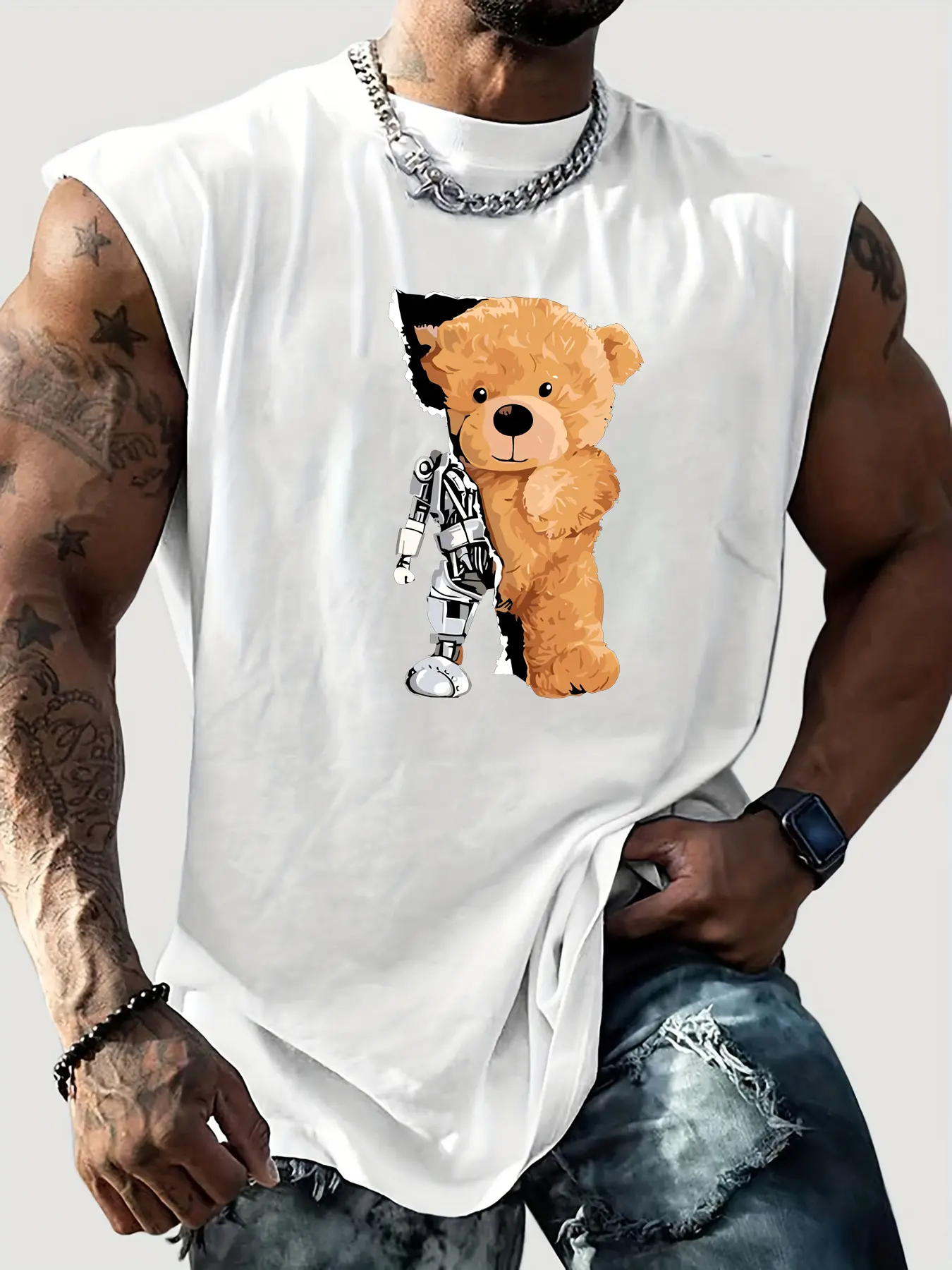 Men's summer casual sports loose cartoon mechanical bear print comfortable and breathable round neck sleeveless vest