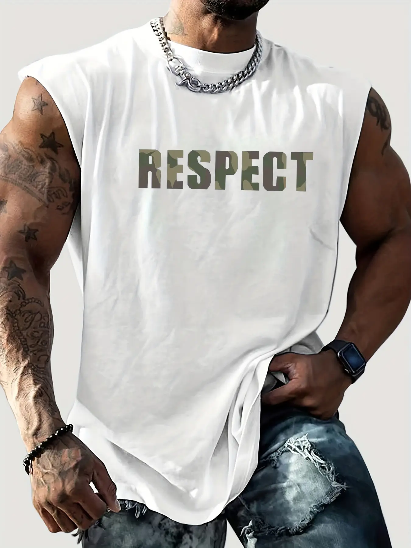 Men's summer casual sports loose RESPECT letter printed comfortable and breathable round neck sleeveless vest