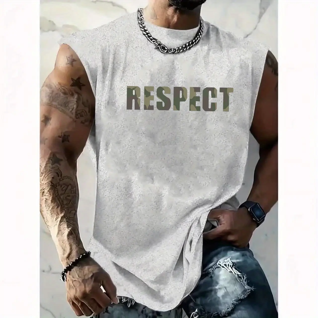 Men's summer casual sports loose RESPECT letter printed comfortable and breathable round neck sleeveless vest