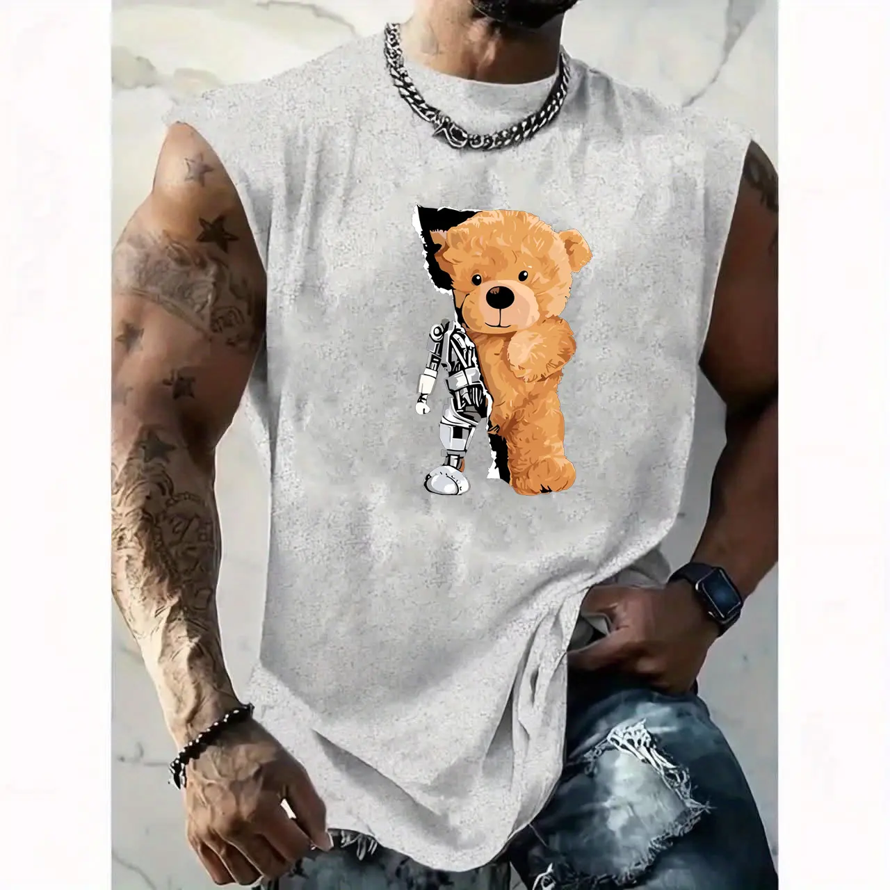 Men's summer casual sports loose cartoon mechanical bear print comfortable and breathable round neck sleeveless vest