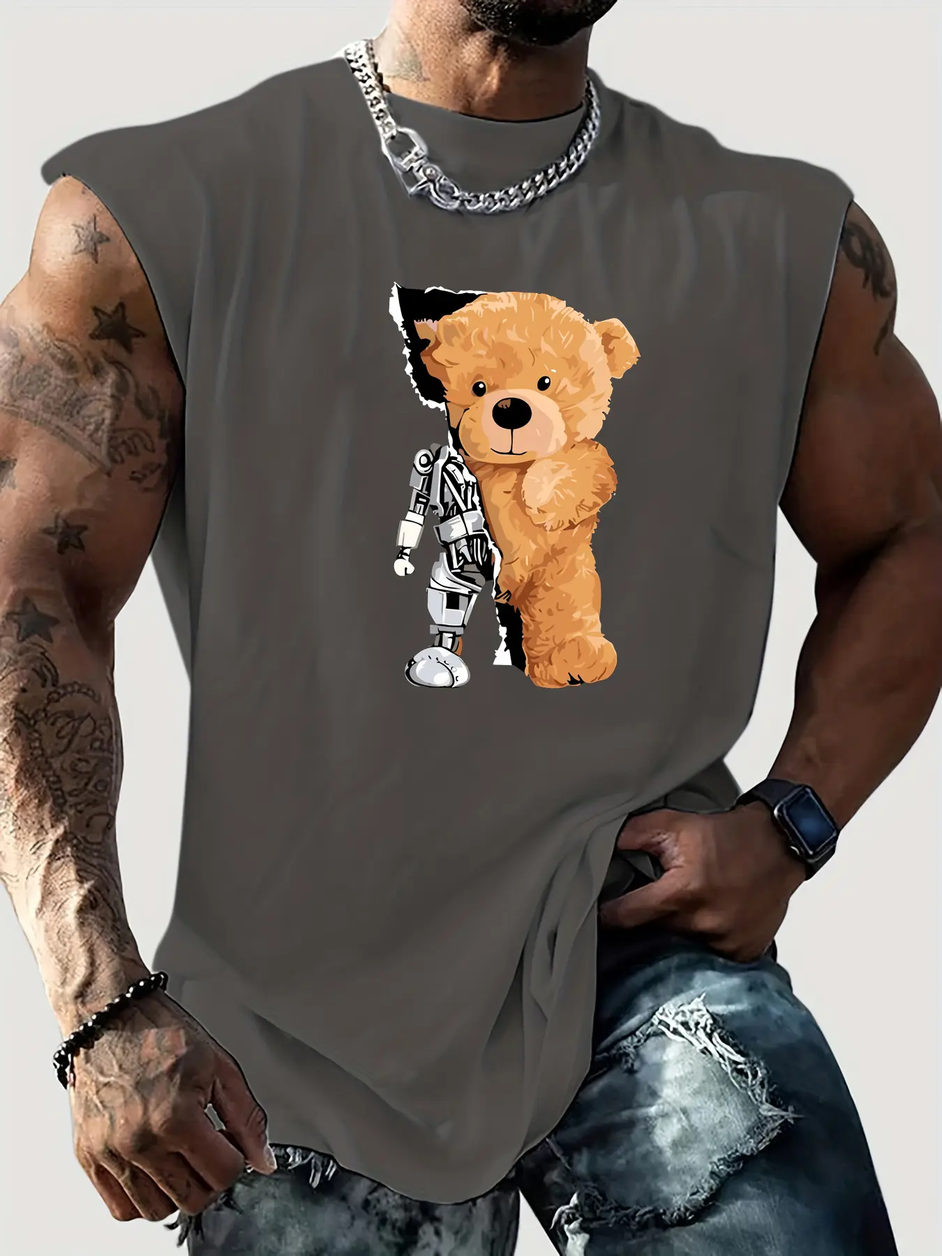 Men's summer casual sports loose cartoon mechanical bear print comfortable and breathable round neck sleeveless vest