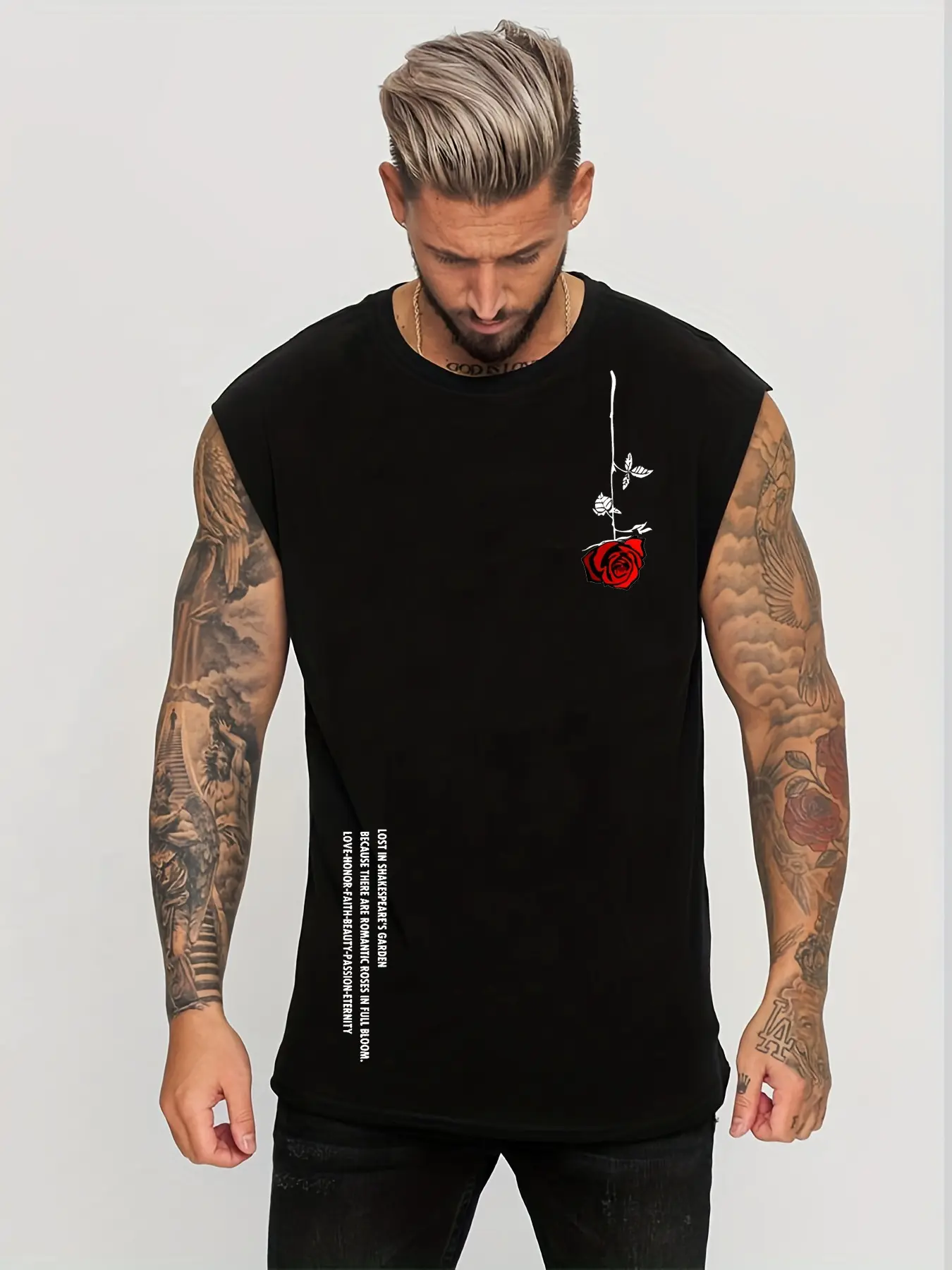 Men's Summer Leisure Sports Fitness Loose Rose Pattern Printed Comfortable and Breathable Round Neck Sleeveless Tank Top