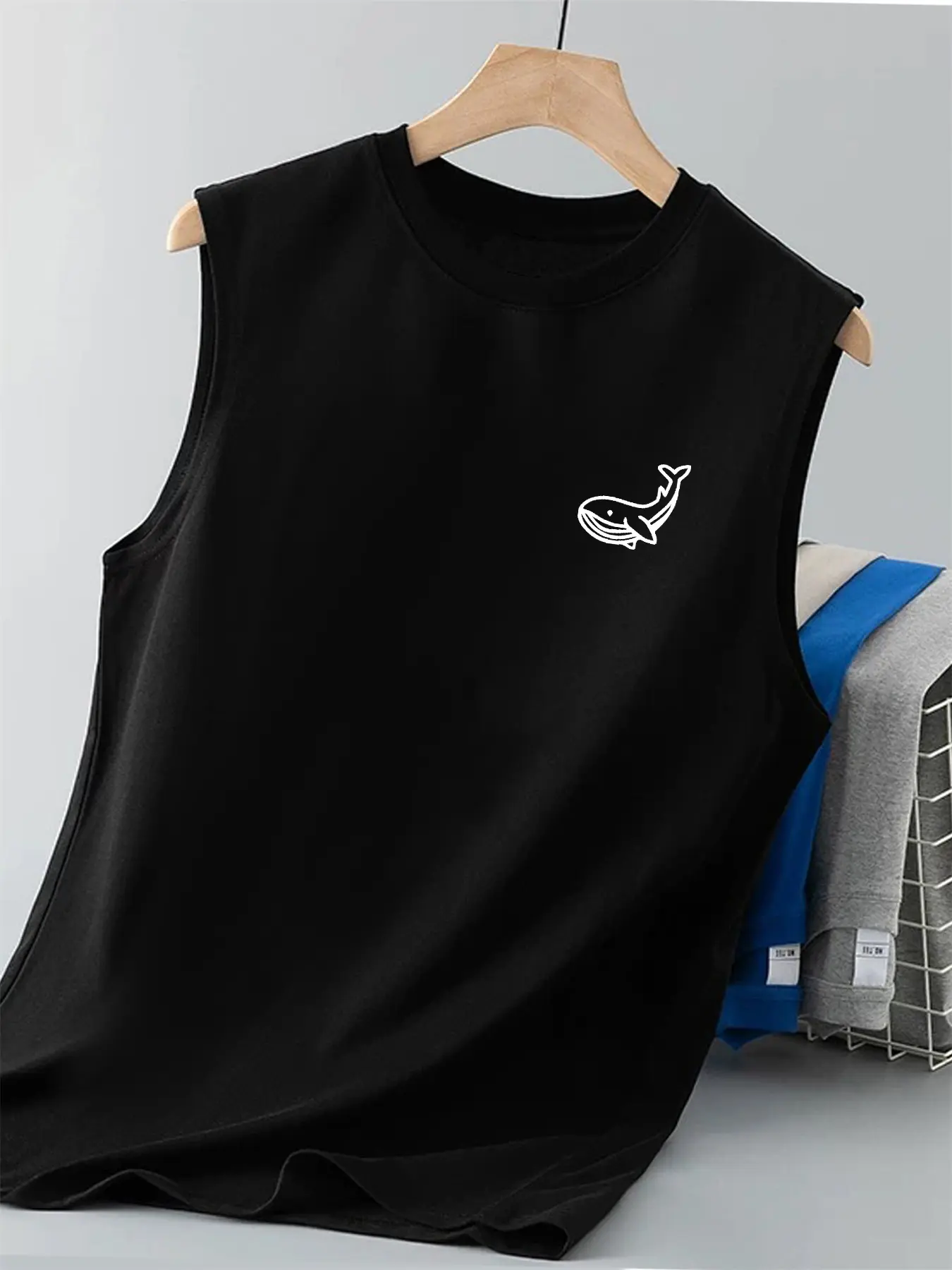 Men's Summer Leisure Sports Fitness Loose Whale Pattern Printed Comfortable and Breathable Round Neck Sleeveless Tank Top