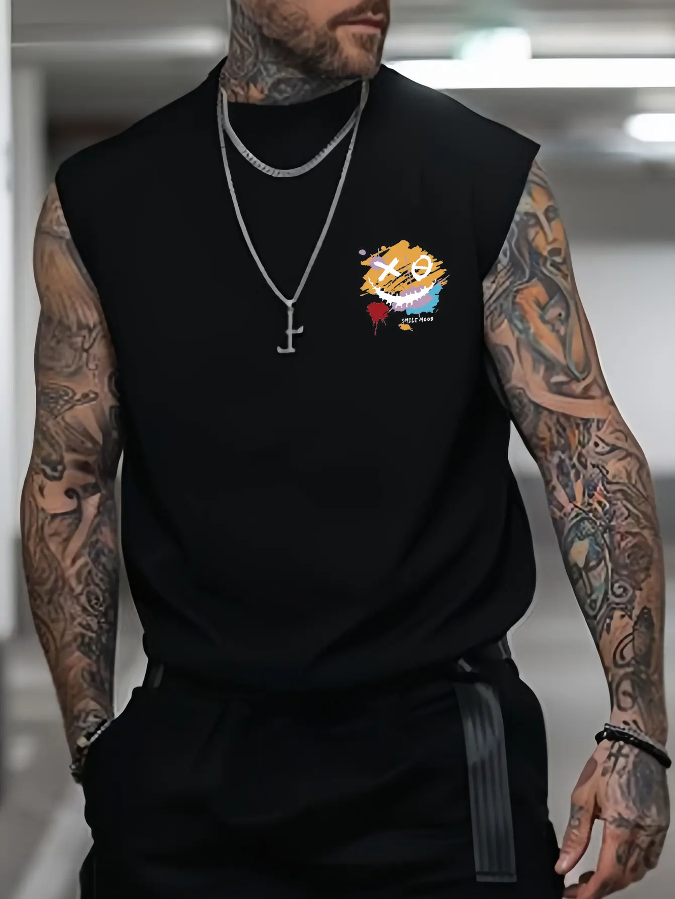Men's summer fashionable casual sports loose smiling face pattern printed comfortable and breathable round neck sleeveless vest