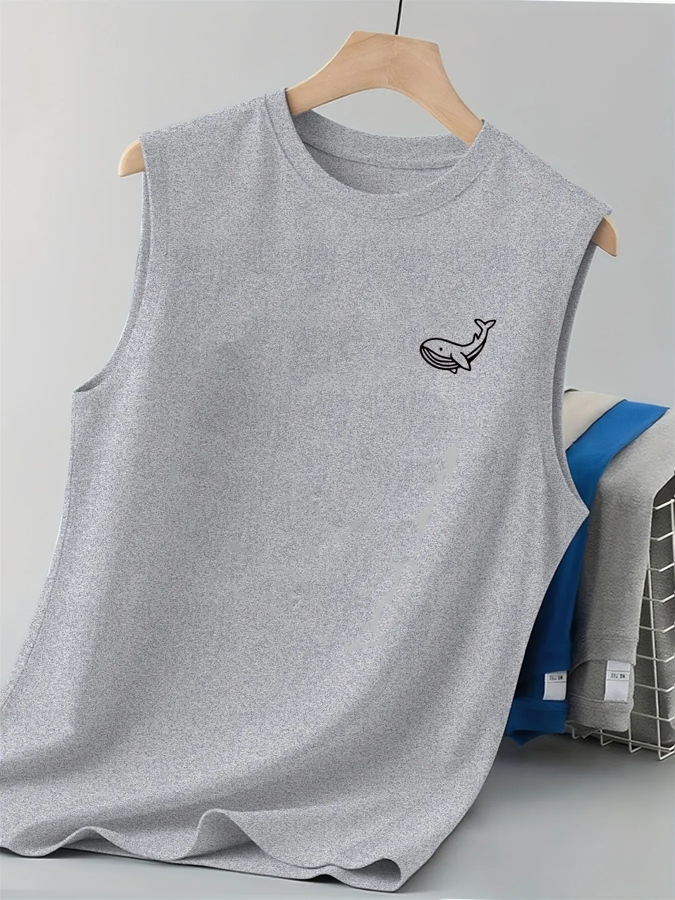 Men's Summer Leisure Sports Fitness Loose Whale Pattern Printed Comfortable and Breathable Round Neck Sleeveless Tank Top