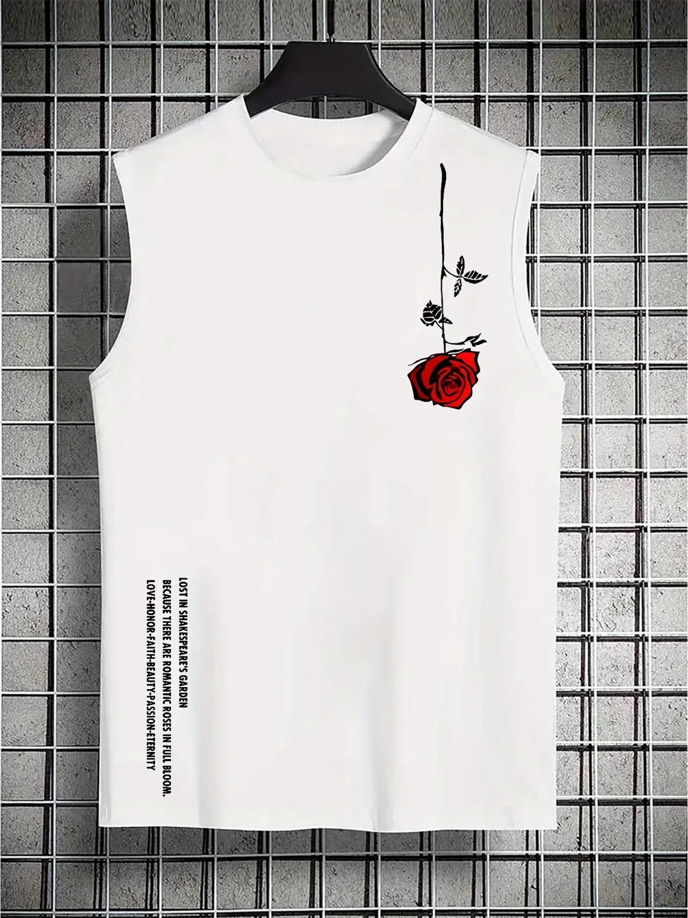 Men's Summer Leisure Sports Fitness Loose Rose Pattern Printed Comfortable and Breathable Round Neck Sleeveless Tank Top