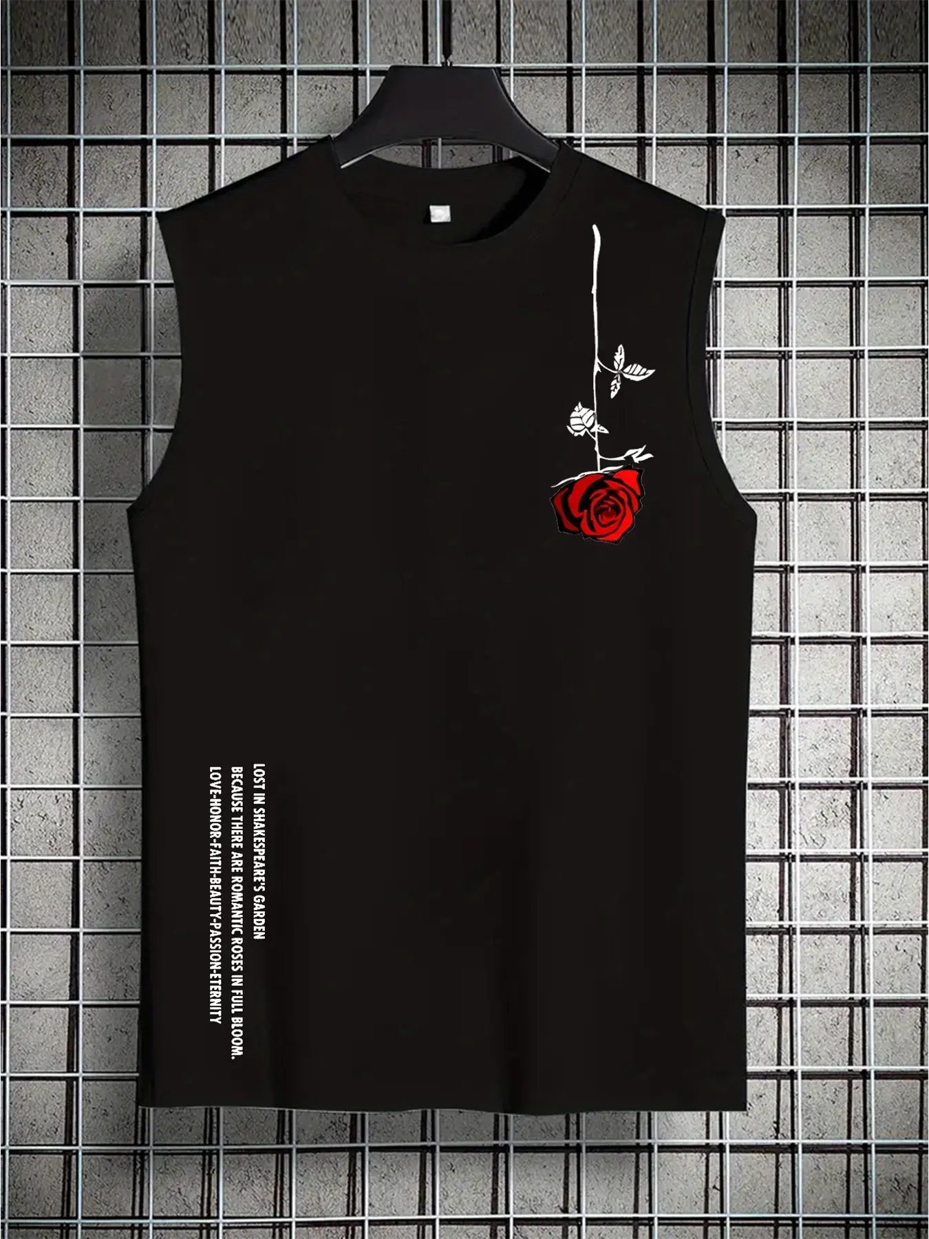 Men's Summer Leisure Sports Fitness Loose Rose Pattern Printed Comfortable and Breathable Round Neck Sleeveless Tank Top