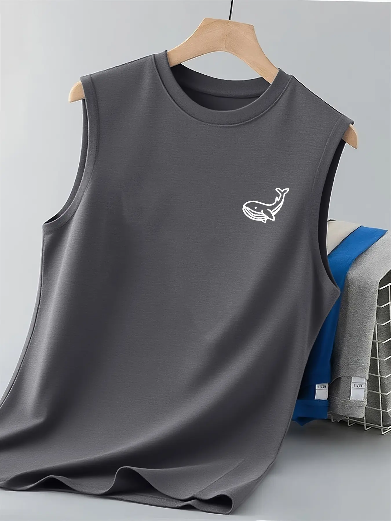 Men's Summer Leisure Sports Fitness Loose Whale Pattern Printed Comfortable and Breathable Round Neck Sleeveless Tank Top