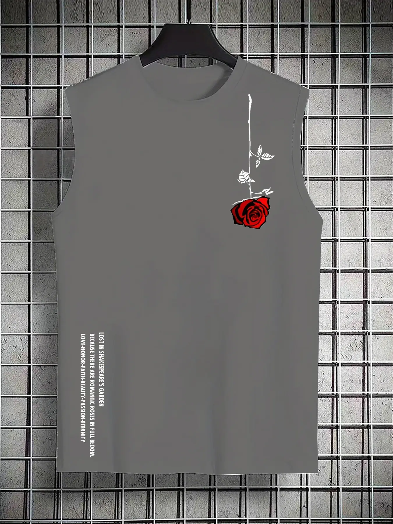 Men's Summer Leisure Sports Fitness Loose Rose Pattern Printed Comfortable and Breathable Round Neck Sleeveless Tank Top