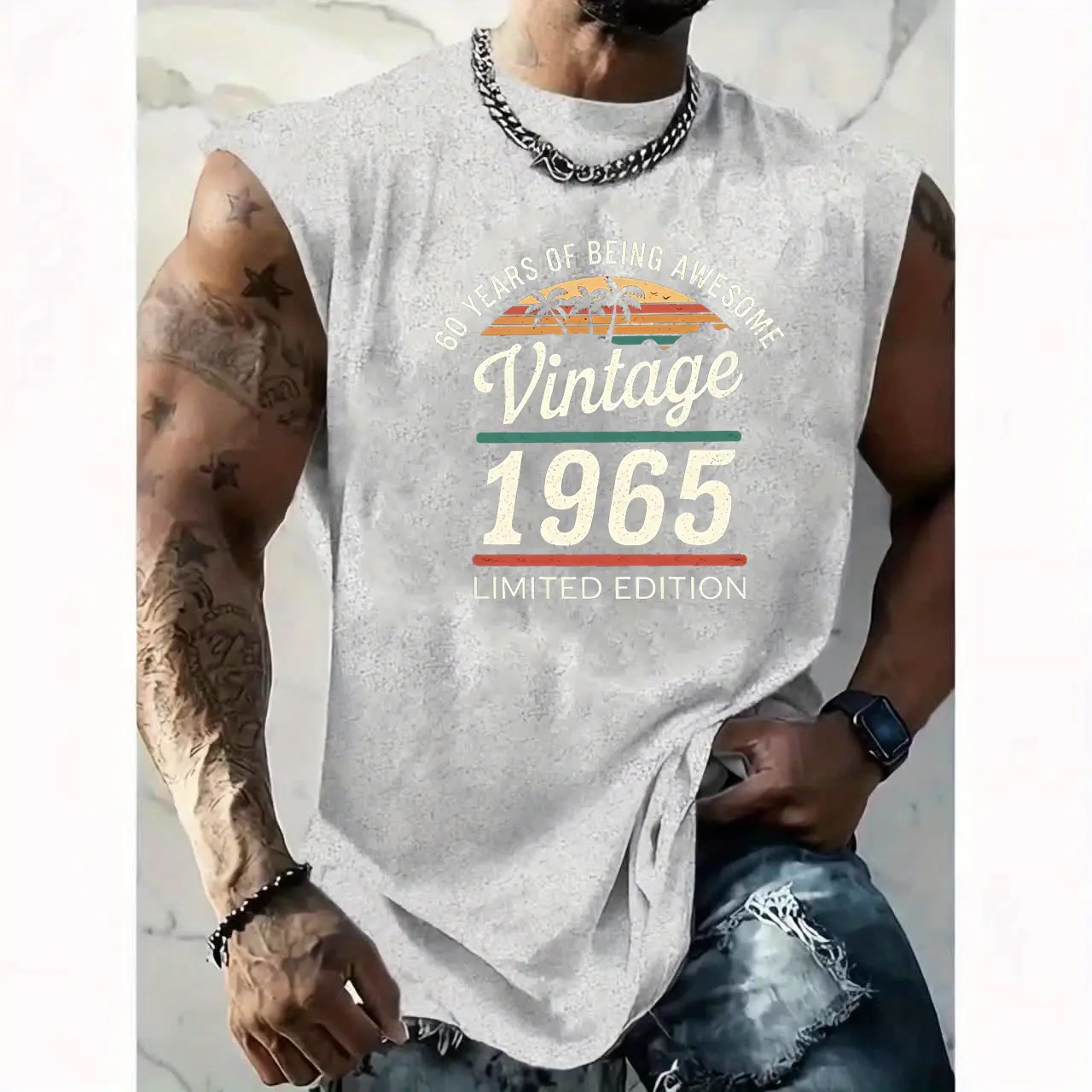 Men's Summer Leisure Sports Fitness Loose Retro 1965 Pattern Printed Comfortable Breathable Round Neck Sleeveless Tank Top