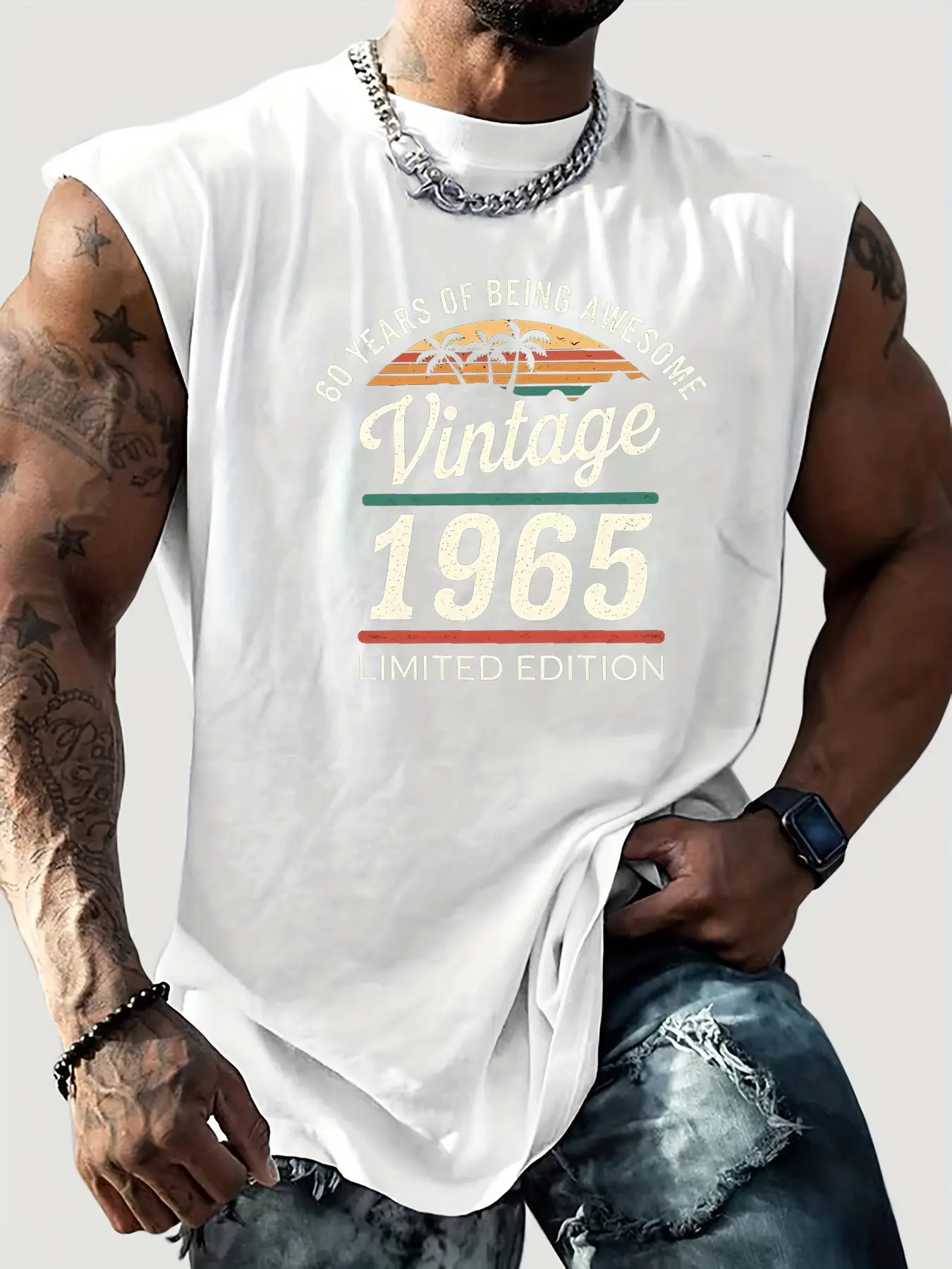 Men's Summer Leisure Sports Fitness Loose Retro 1965 Pattern Printed Comfortable Breathable Round Neck Sleeveless Tank Top