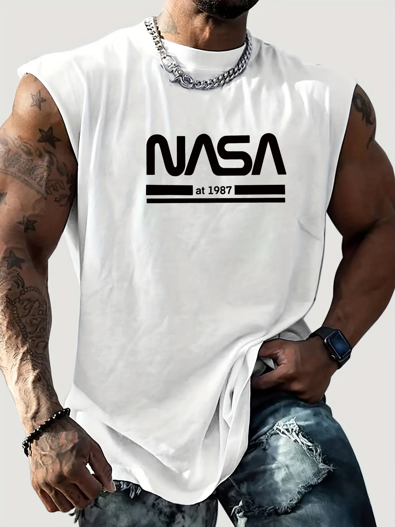 Men's summer casual sports loose NASA letter pattern print comfortable and breathable round neck sleeveless vest