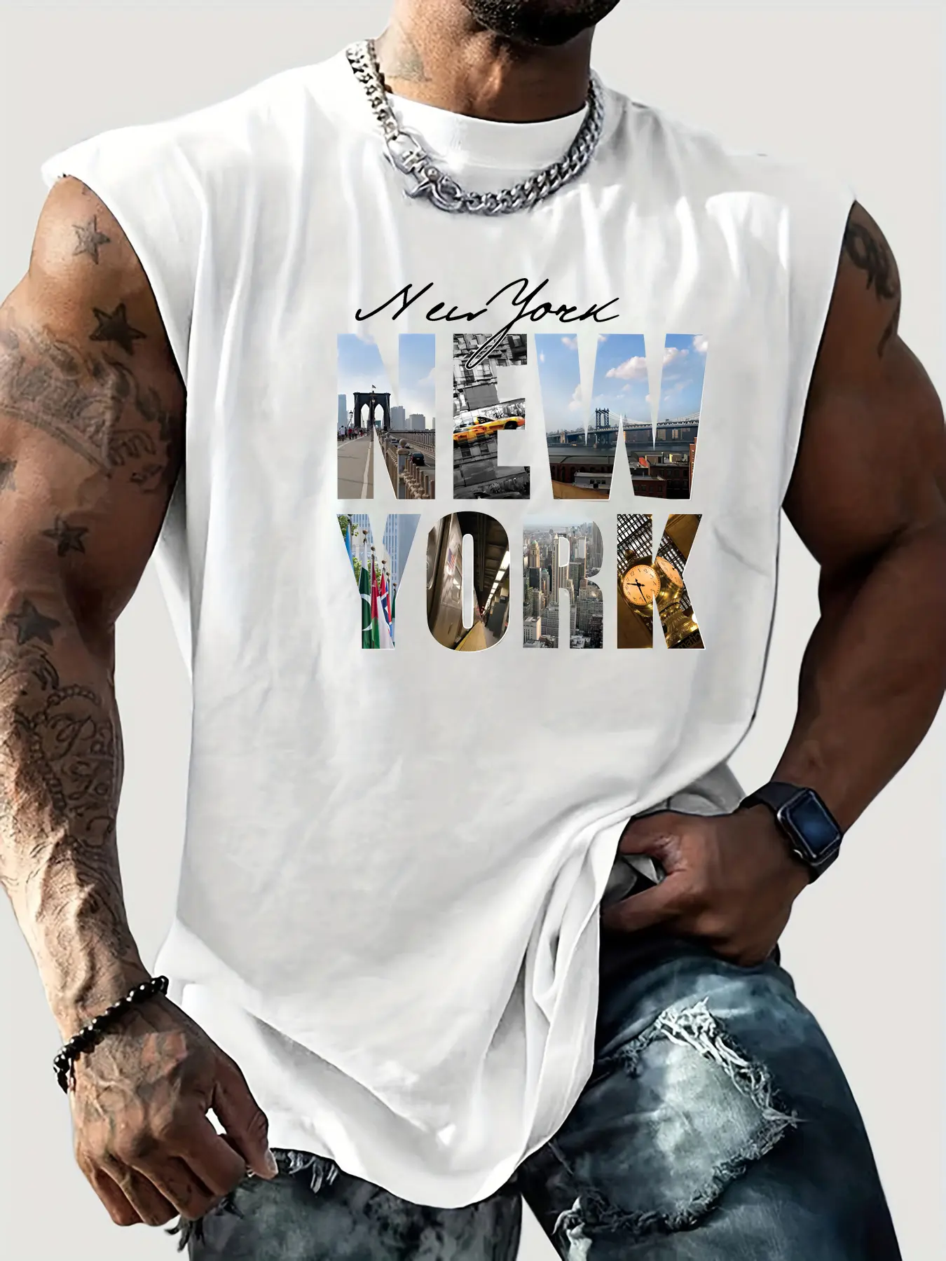 Men's summer casual sports loose New York letter pattern print comfortable and breathable round neck sleeveless vest