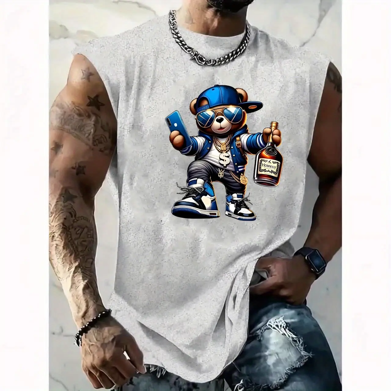 Men's Summer Casual Sports Loose Cool Bear Pattern Printed Comfortable and Breathable Round Neck Sleeveless Tank Top
