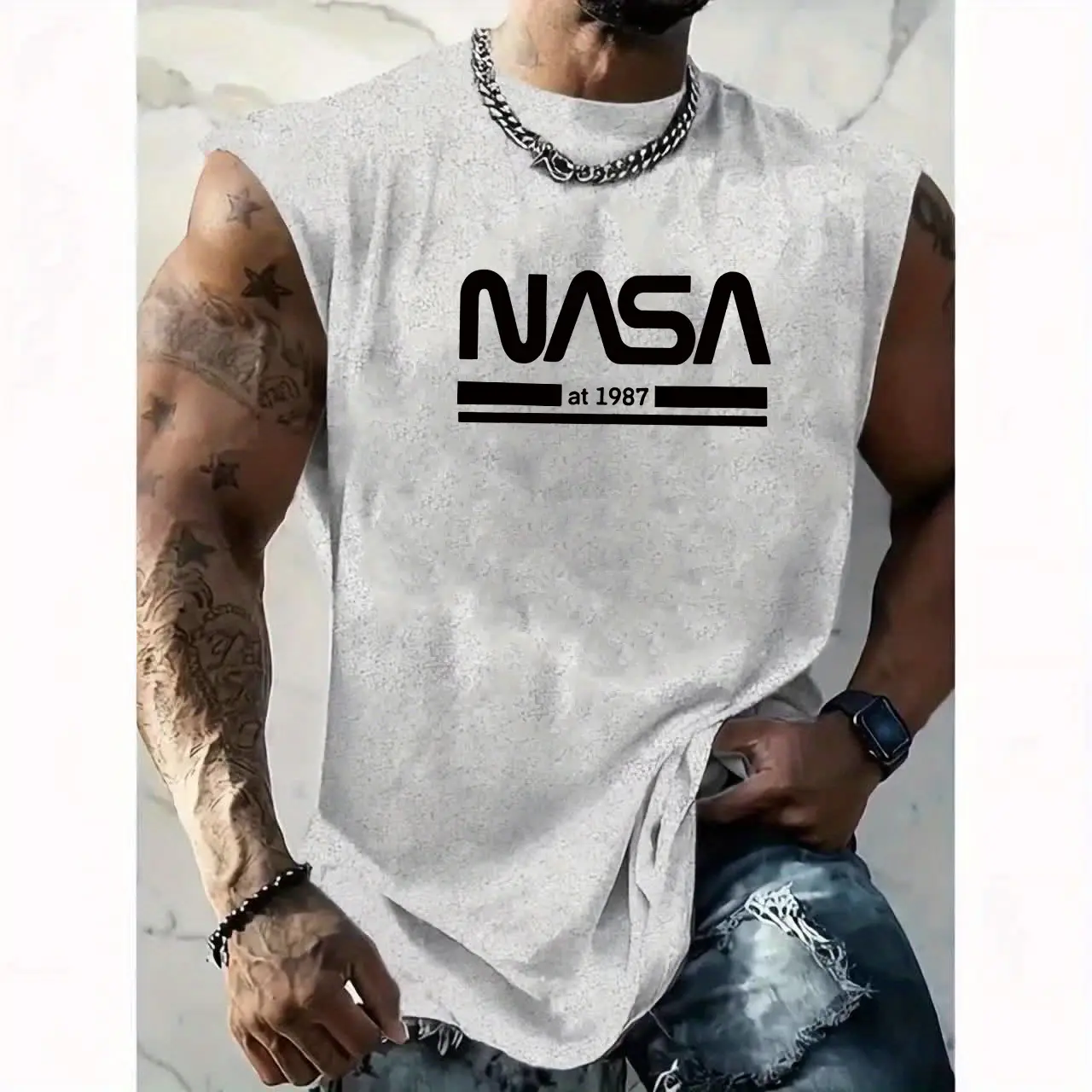 Men's summer casual sports loose NASA letter pattern print comfortable and breathable round neck sleeveless vest