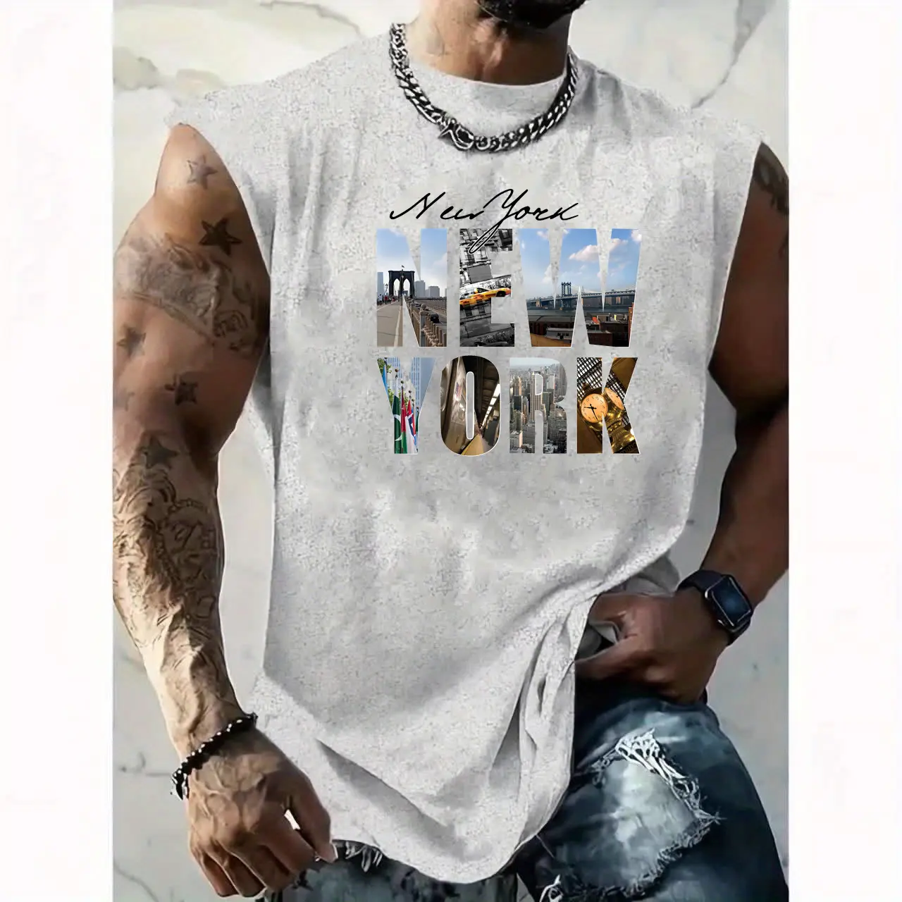Men's summer casual sports loose New York letter pattern print comfortable and breathable round neck sleeveless vest