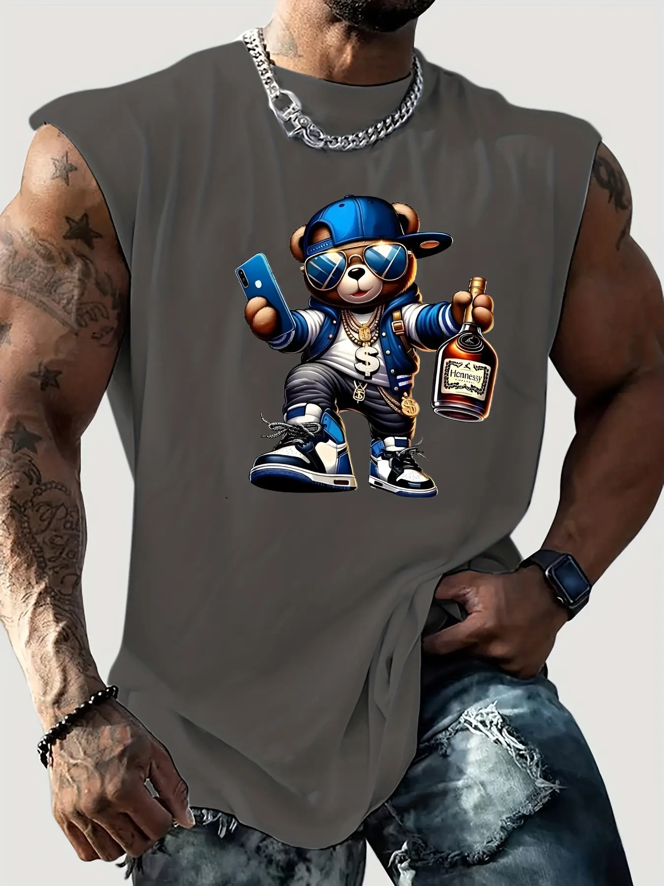 Men's Summer Casual Sports Loose Cool Bear Pattern Printed Comfortable and Breathable Round Neck Sleeveless Tank Top