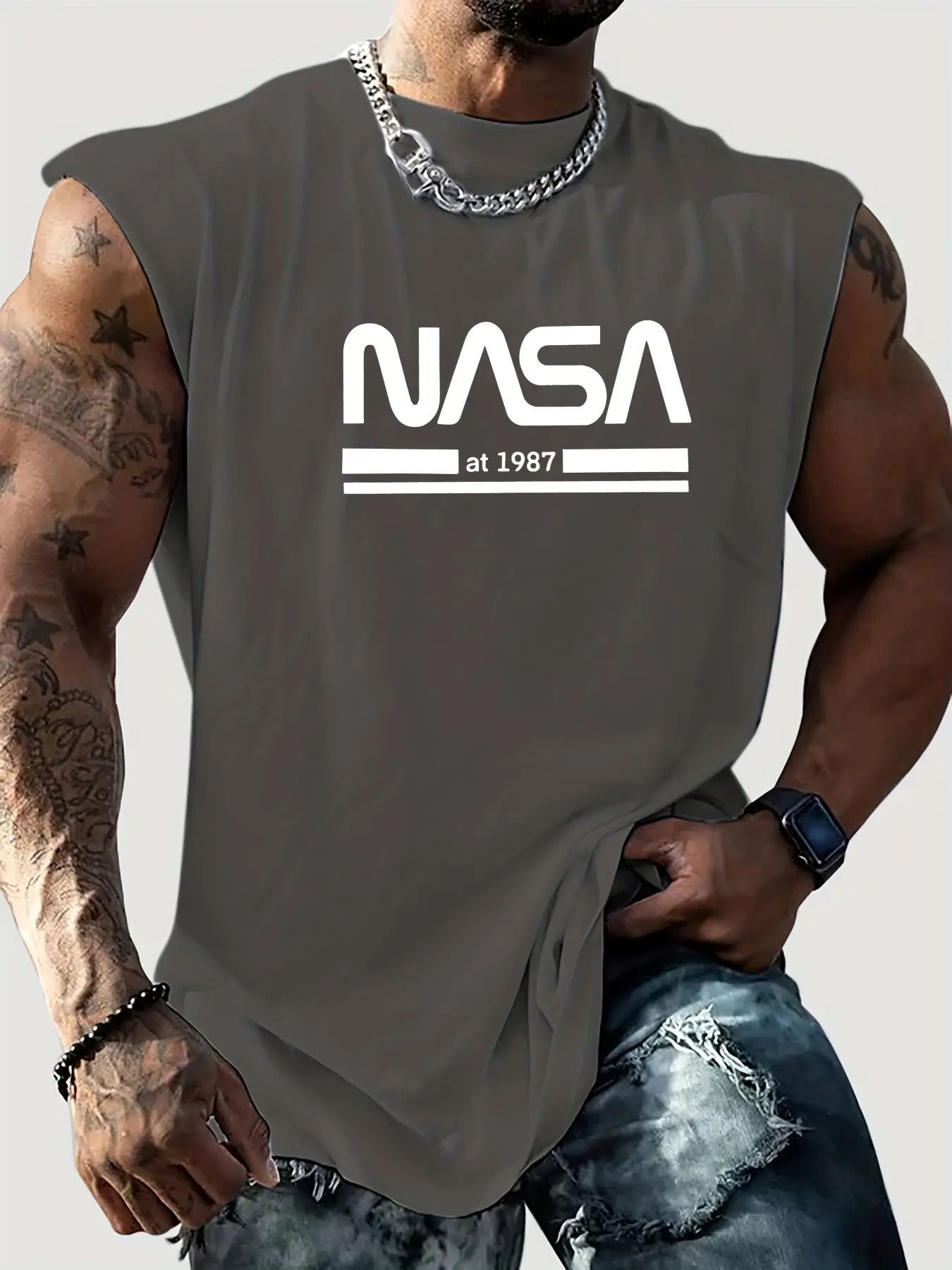 Men's summer casual sports loose NASA letter pattern print comfortable and breathable round neck sleeveless vest