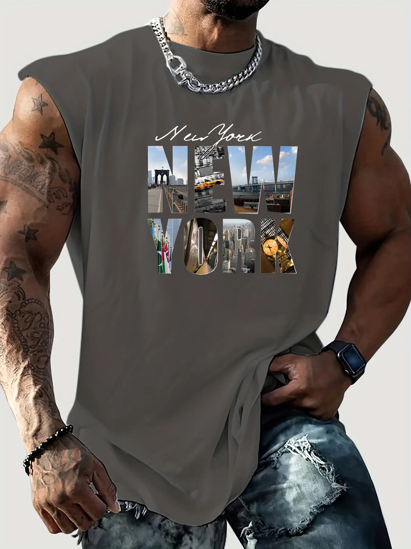 Men's summer casual sports loose New York letter pattern print comfortable and breathable round neck sleeveless vest