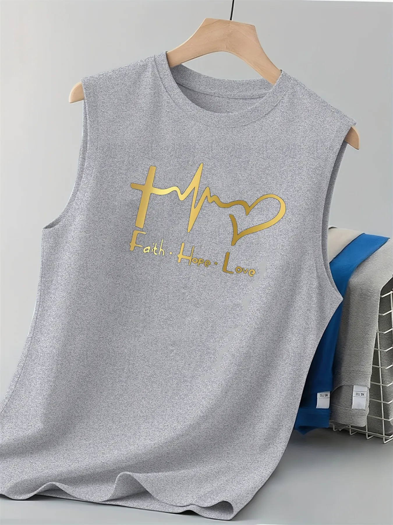 Men's summer casual sports loose heart-shaped belief pattern printed comfortable and breathable round neck sleeveless vest