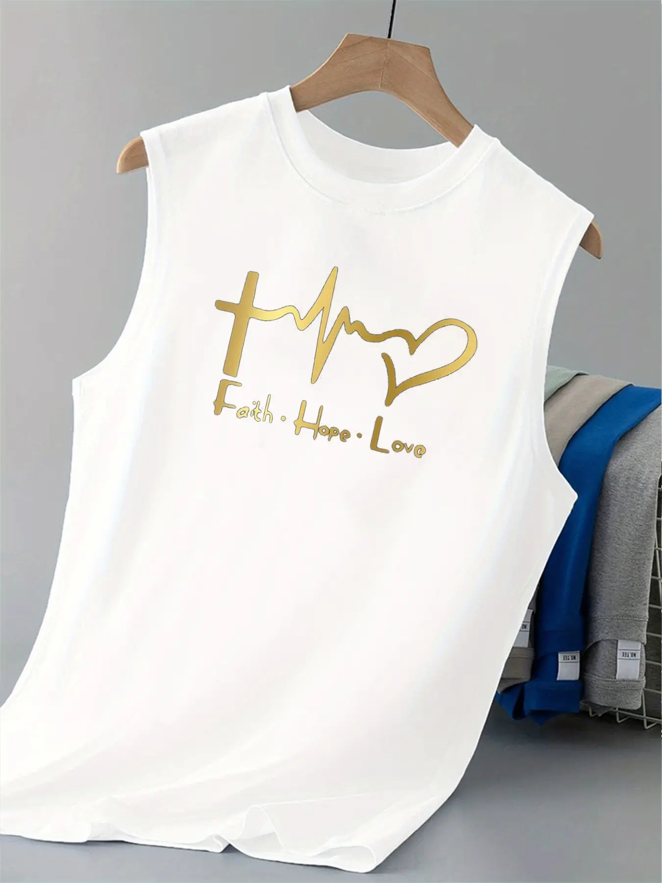 Men's summer casual sports loose heart-shaped belief pattern printed comfortable and breathable round neck sleeveless vest