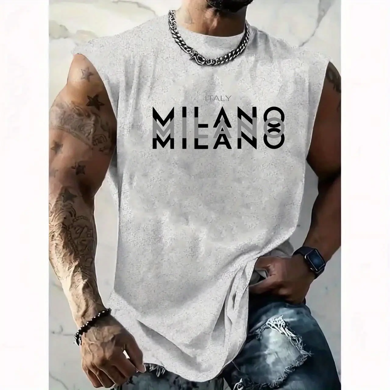 Men's summer casual sports loose fit MILANO ITALIA pattern printed comfortable and breathable round neck sleeveless vest