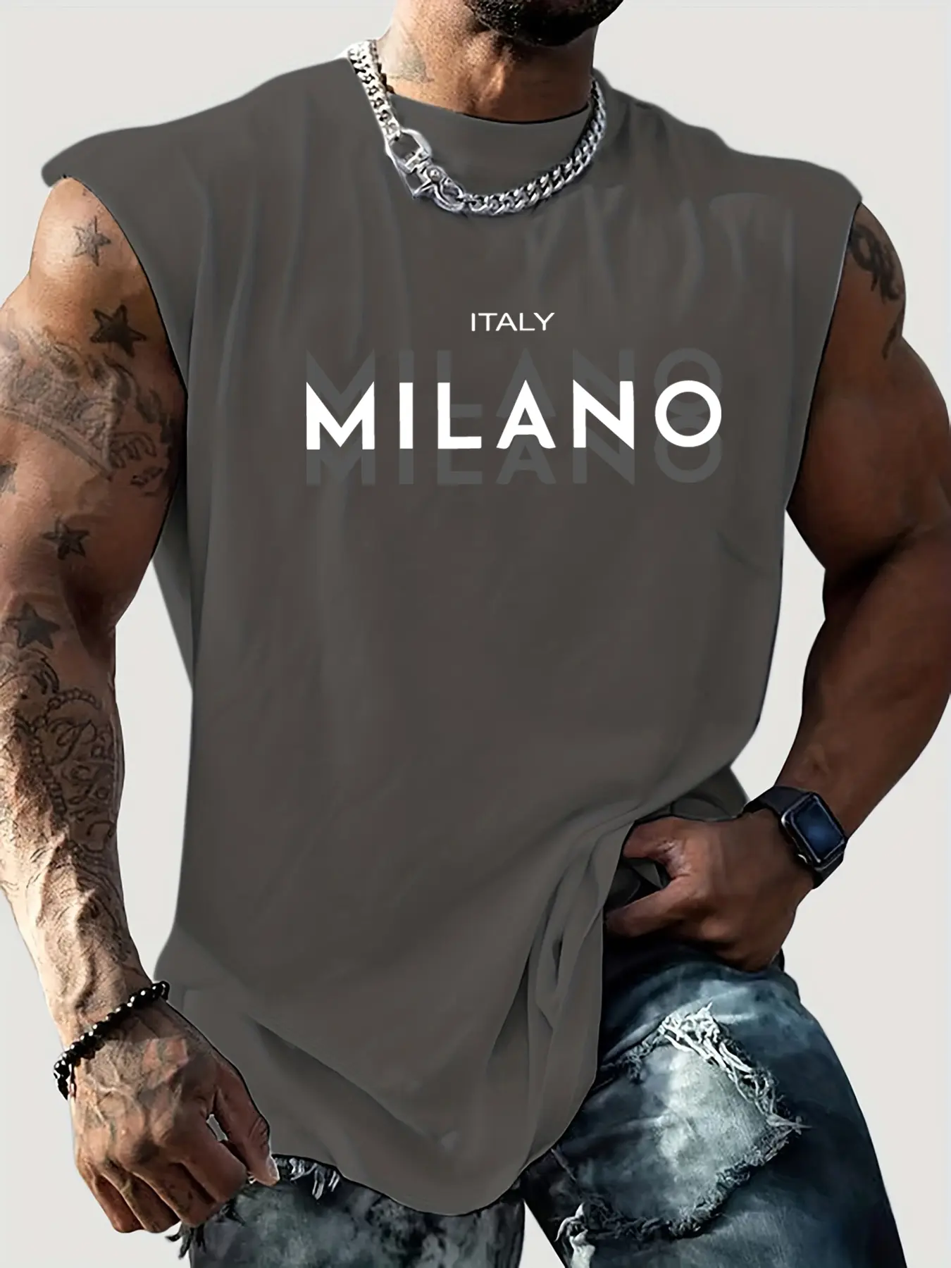 Men's summer casual sports loose fit MILANO ITALIA pattern printed comfortable and breathable round neck sleeveless vest
