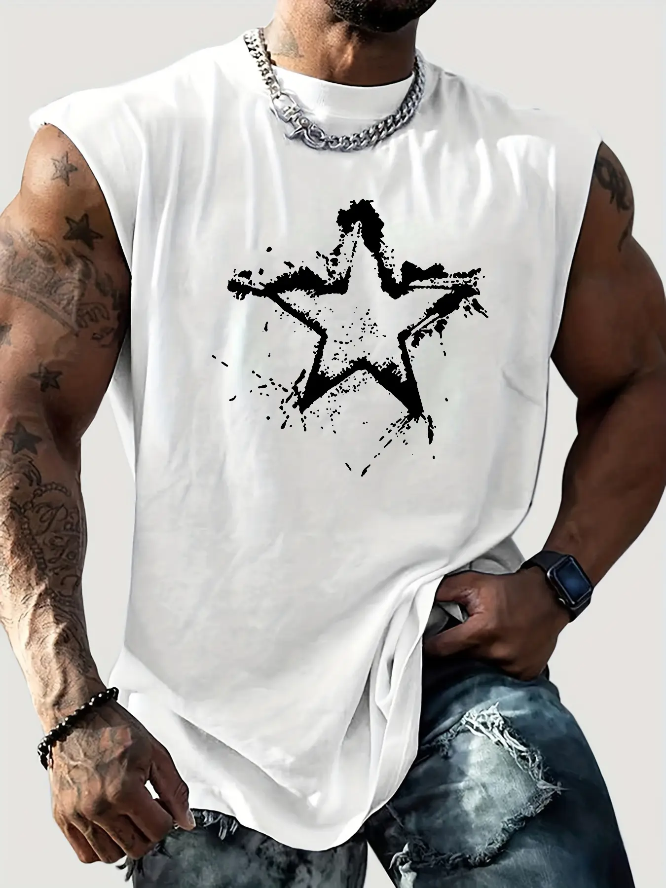 Men's summer casual sports loose creative star pattern print comfortable and breathable round neck sleeveless vest