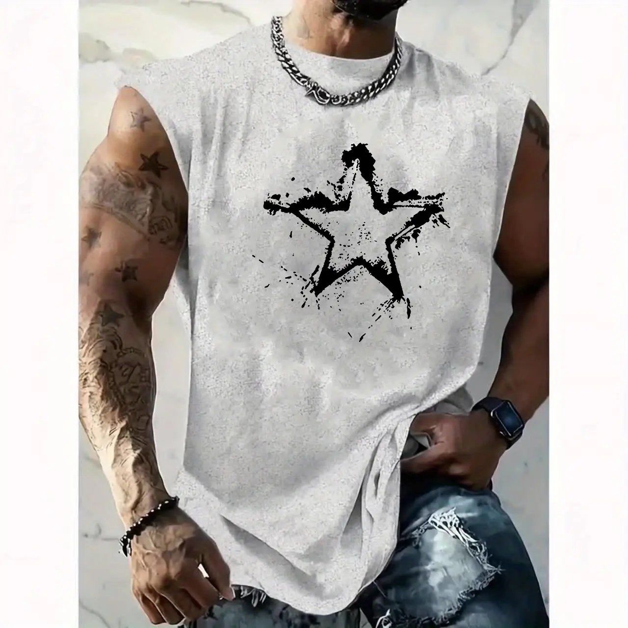 Men's summer casual sports loose creative star pattern print comfortable and breathable round neck sleeveless vest