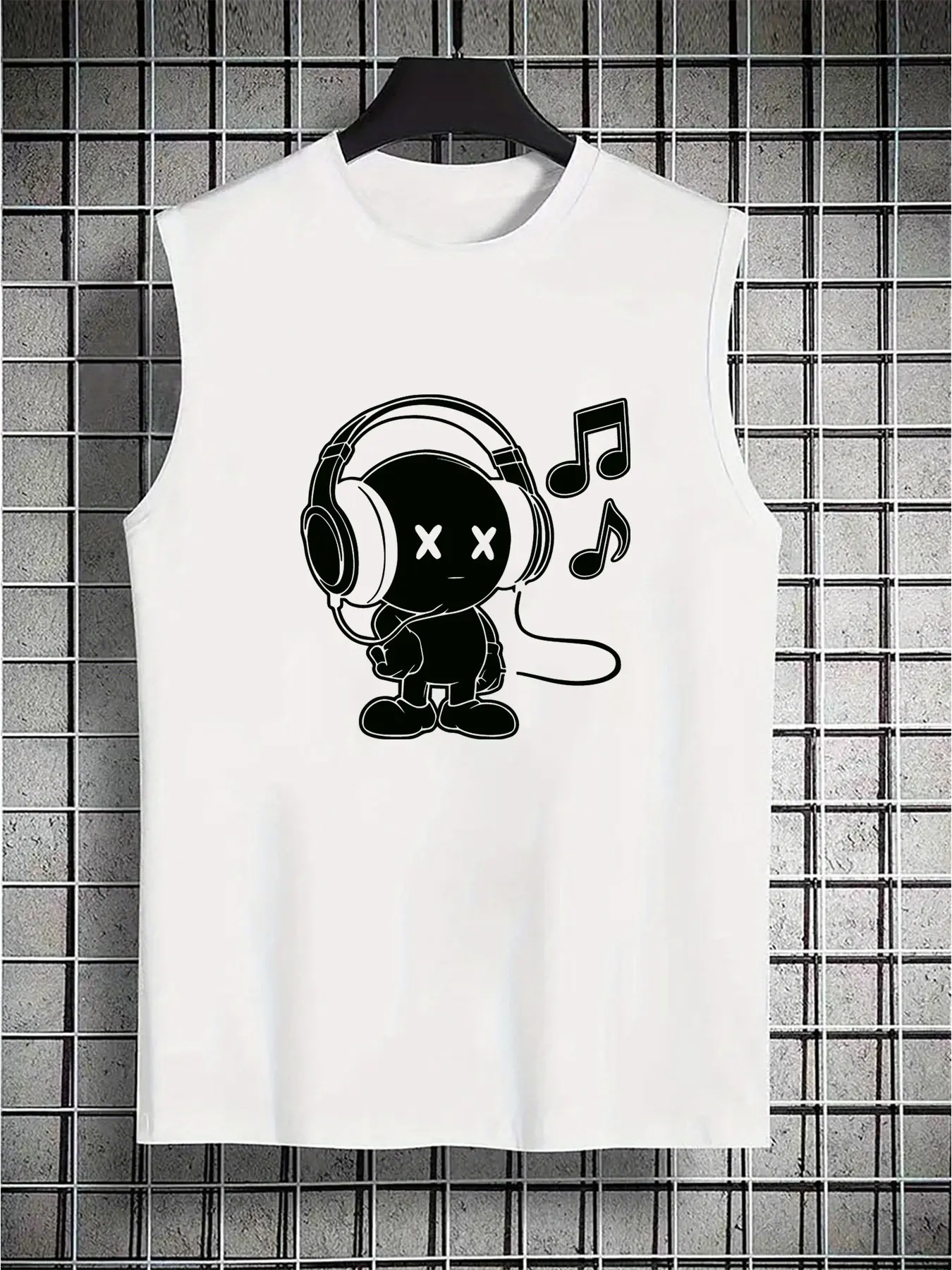 Men's summer casual sports loose headphones with music pattern printing, comfortable and breathable round neck sleeveless vest