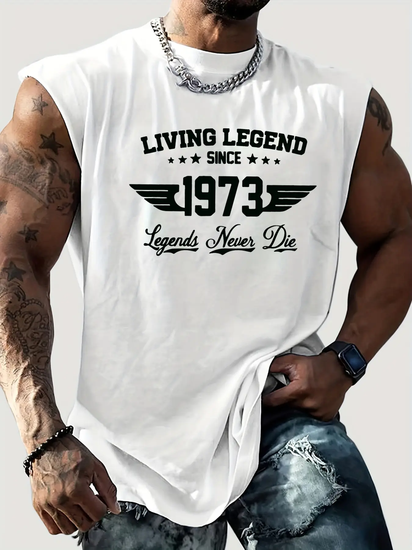 Men's summer casual sports loose fit retro 1973 pattern printed comfortable and breathable round neck sleeveless vest
