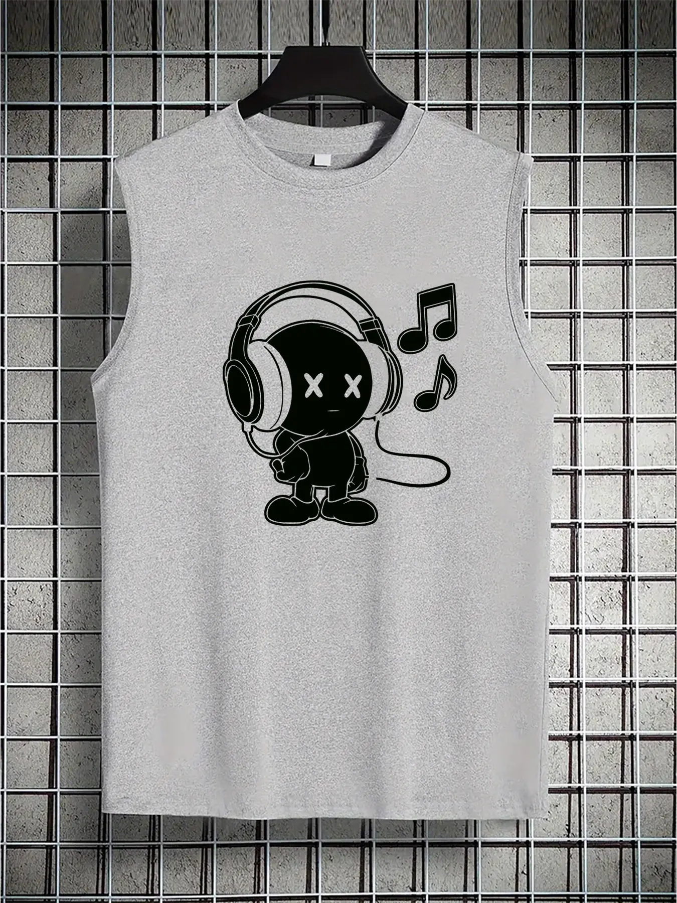 Men's summer casual sports loose headphones with music pattern printing, comfortable and breathable round neck sleeveless vest