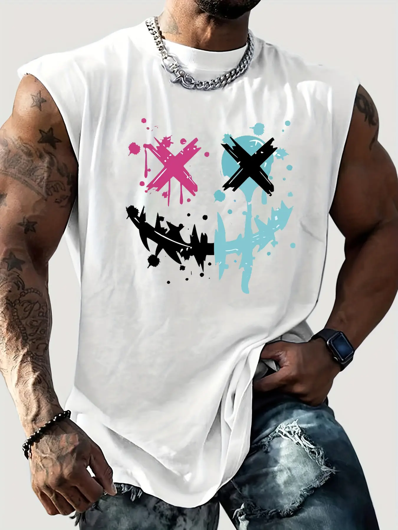 Men's summer casual sports loose fit smiley face print comfortable and breathable round neck sleeveless vest
