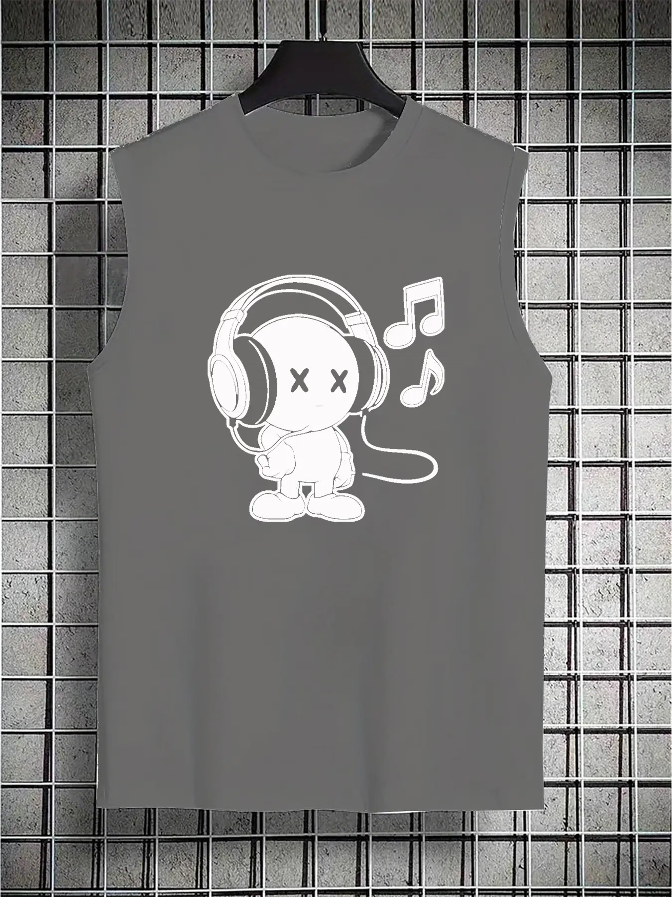 Men's summer casual sports loose headphones with music pattern printing, comfortable and breathable round neck sleeveless vest