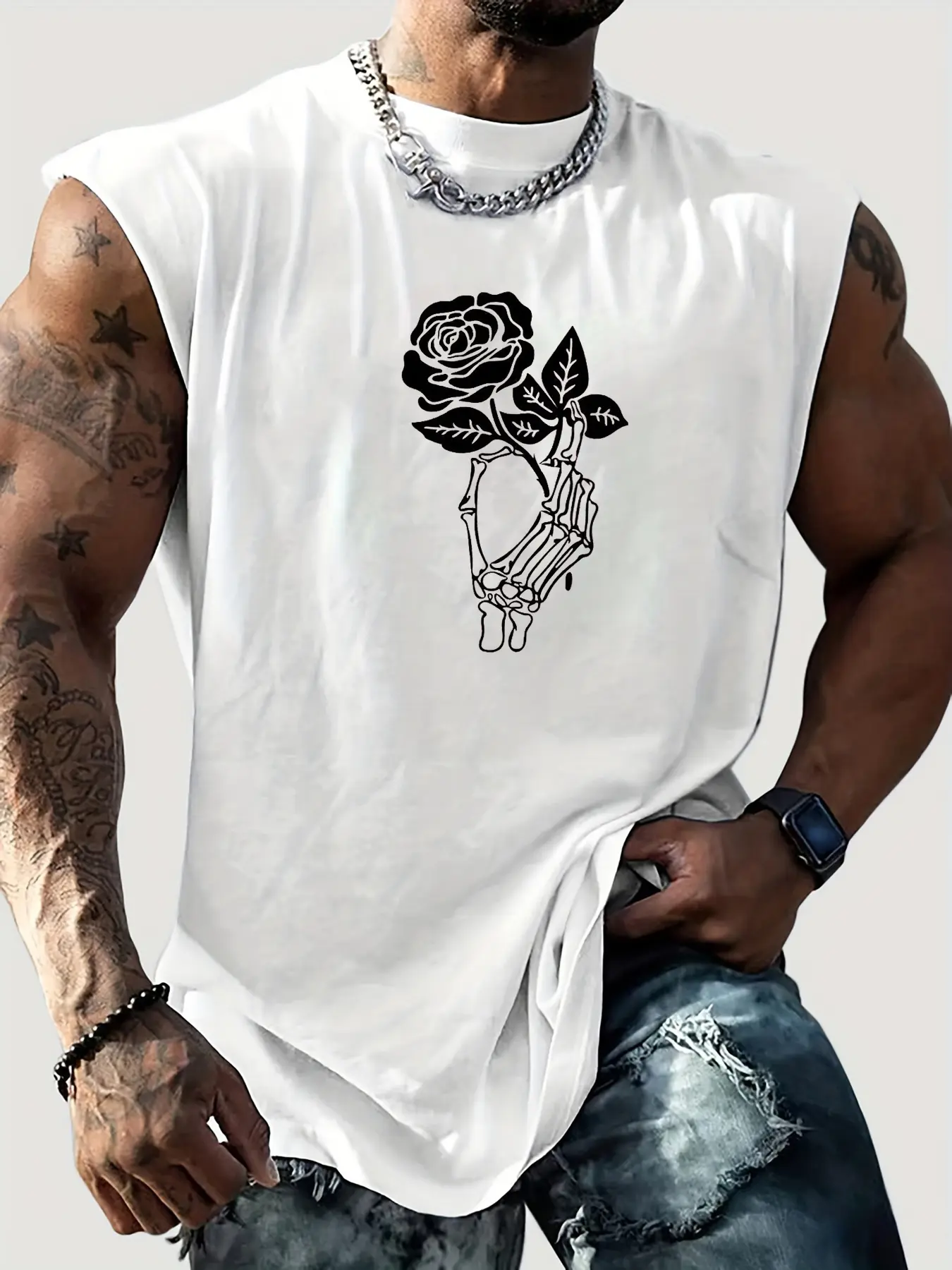 Men's summer casual sports loose skeleton hand rose pattern print comfortable and breathable round neck sleeveless vest