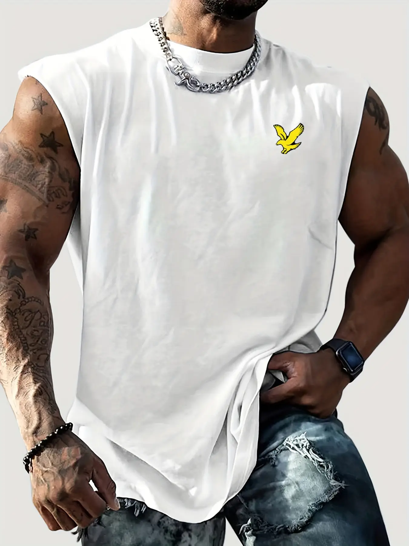 Men's summer casual sports loose fit eagle print comfortable and breathable round neck sleeveless vest