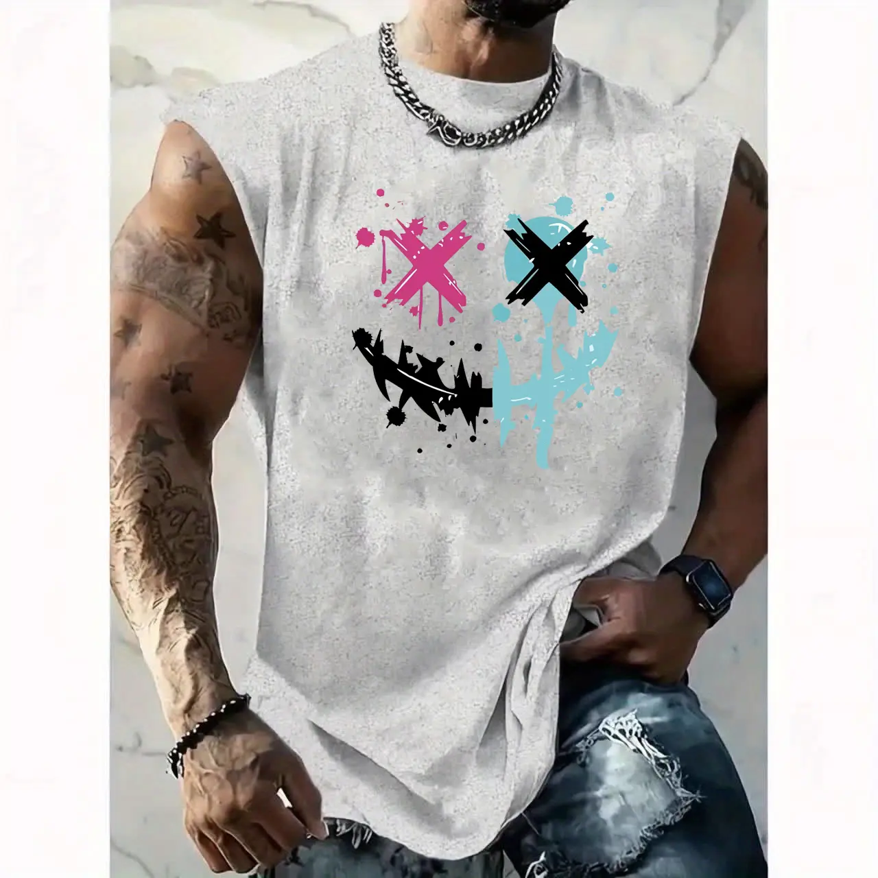 Men's summer casual sports loose fit smiley face print comfortable and breathable round neck sleeveless vest