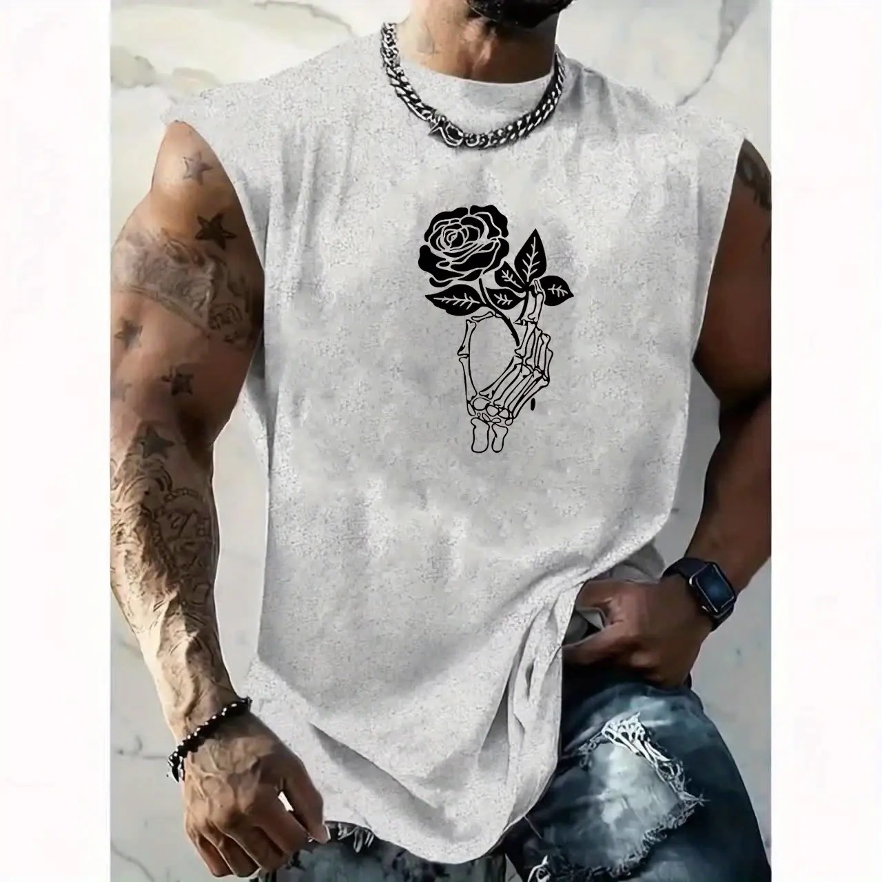 Men's summer casual sports loose skeleton hand rose pattern print comfortable and breathable round neck sleeveless vest