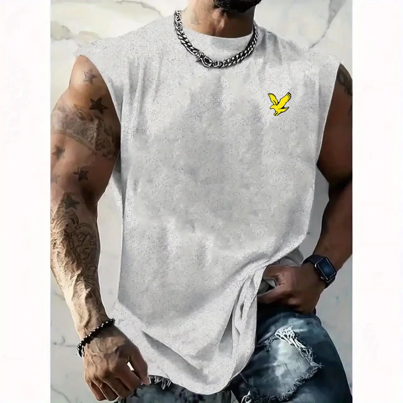 Men's summer casual sports loose fit eagle print comfortable and breathable round neck sleeveless vest