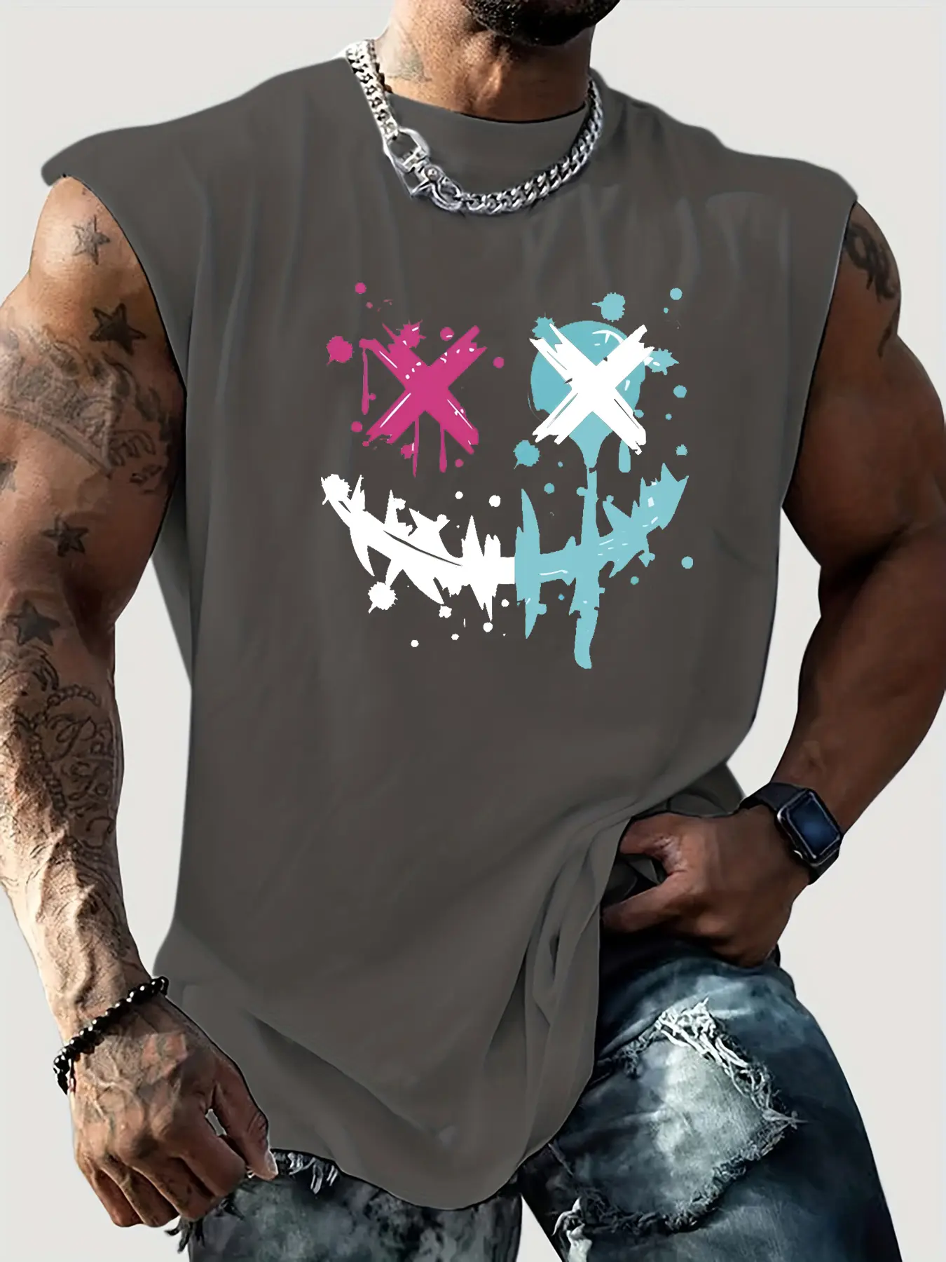 Men's summer casual sports loose fit smiley face print comfortable and breathable round neck sleeveless vest